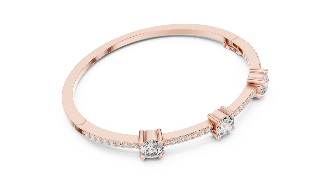 Round Diamond Three Stone Bangle Bracelet with Micro Pavé Set Diamond Band