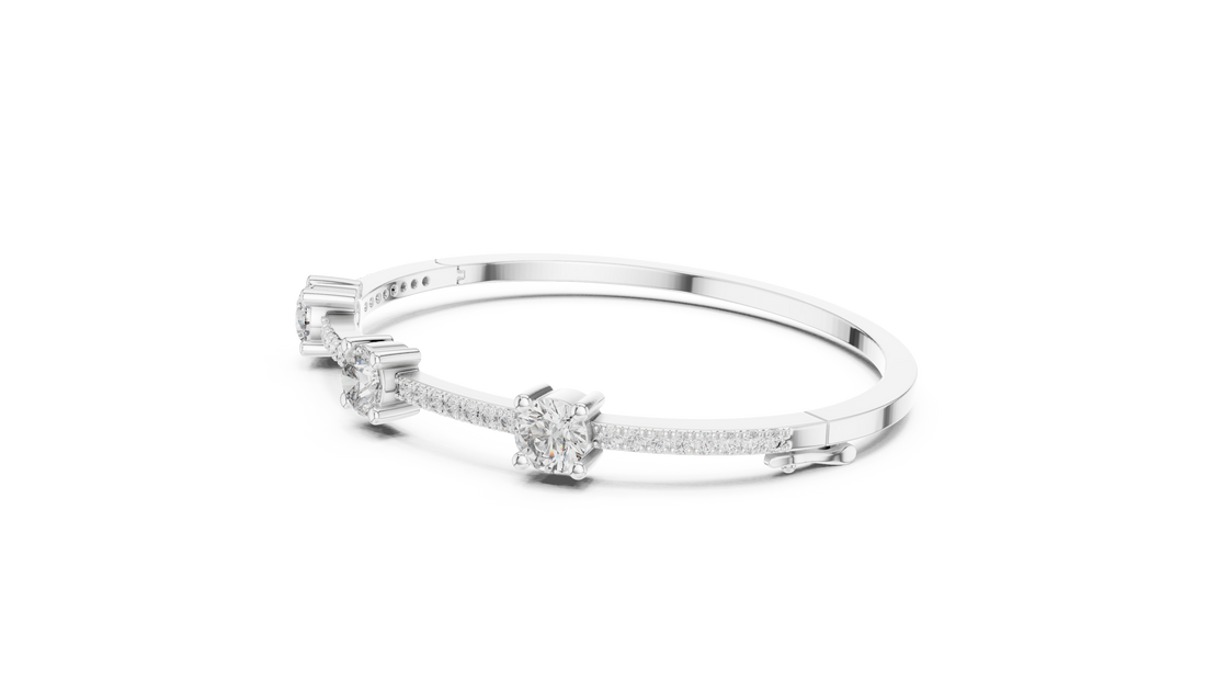 Round Diamond Three Stone Bangle Bracelet with Micro Pavé Set Diamond Band