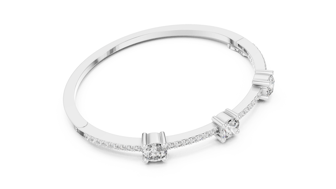 Round Diamond Three Stone Bangle Bracelet with Micro Pavé Set Diamond Band