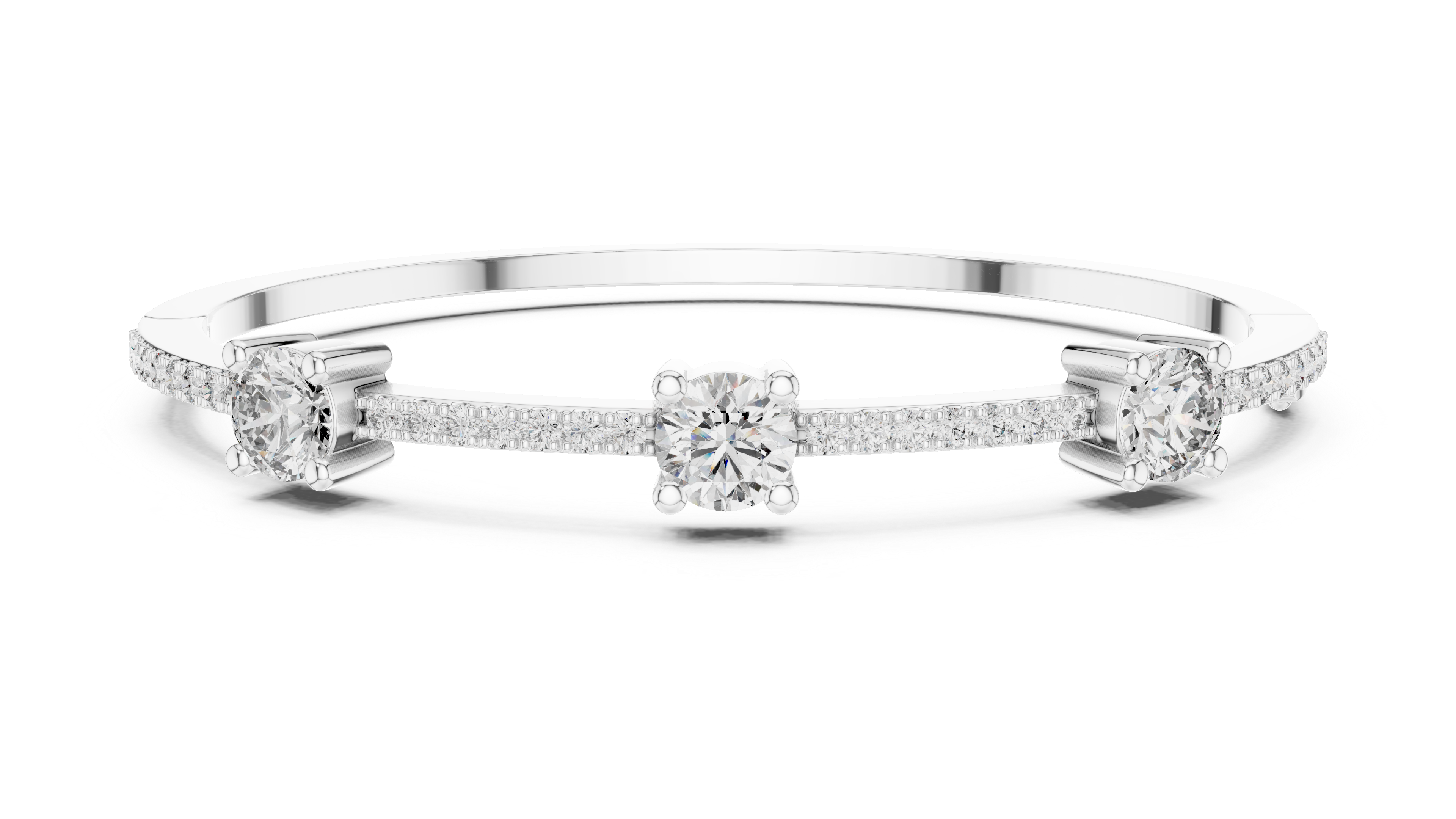 Round Diamond Three Stone Bangle Bracelet with Micro Pavé Set Diamond Band