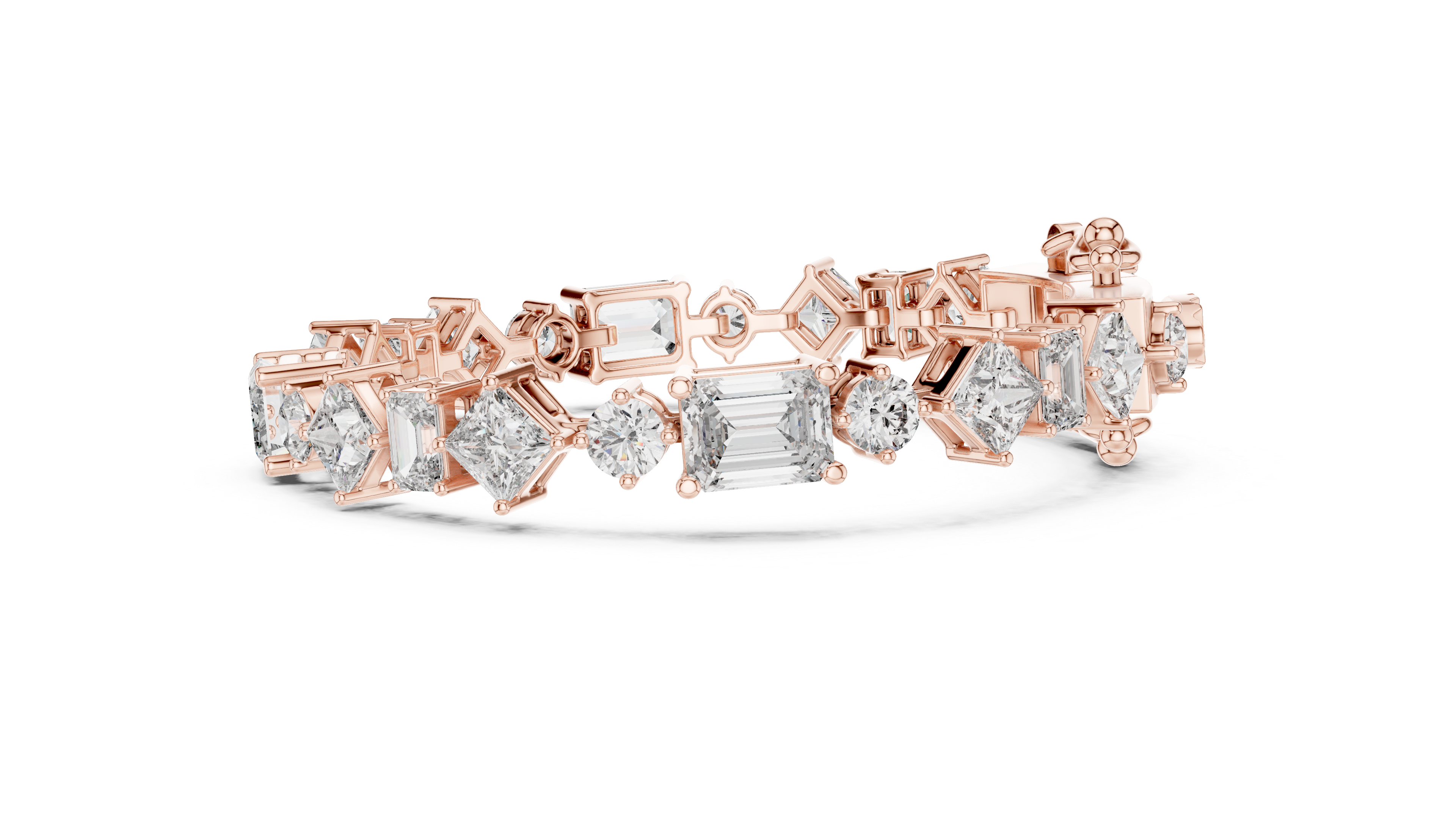 Mixed Cut Diamond Tennis Chain Bracelet with Emerald Princess and Round Diamonds