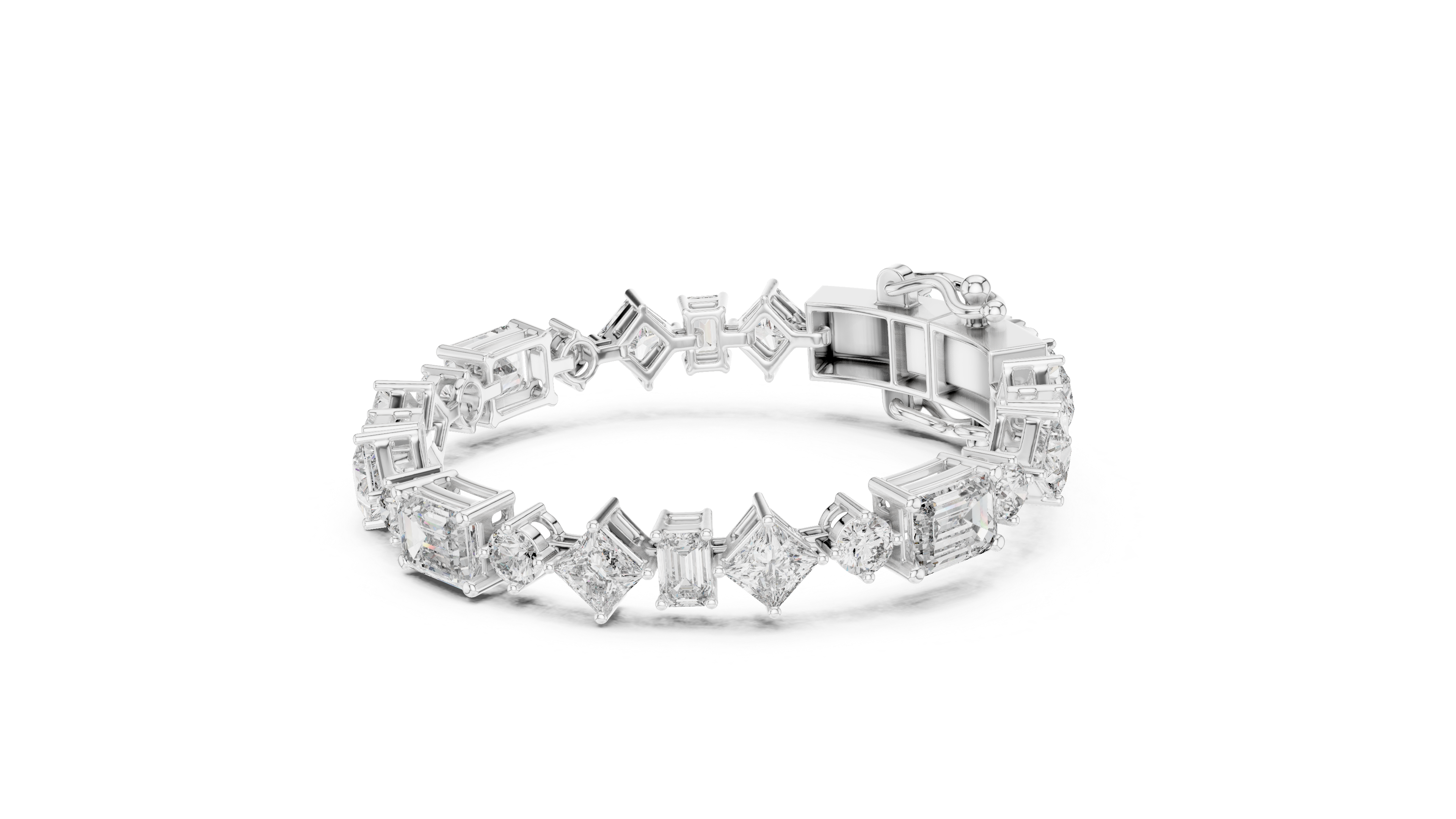 Mixed Cut Diamond Tennis Chain Bracelet with Emerald Princess and Round Diamonds