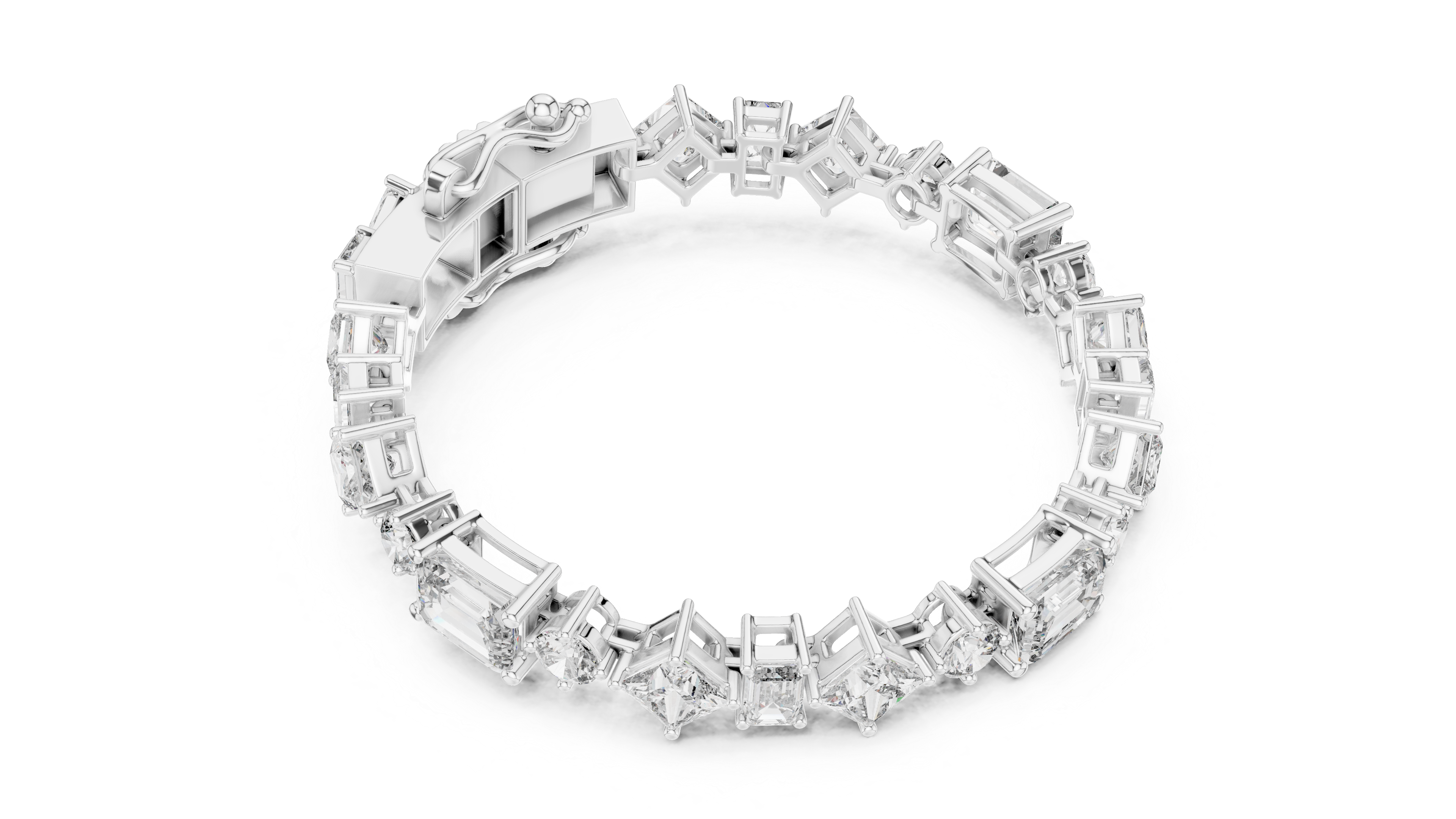 Mixed Cut Diamond Tennis Chain Bracelet with Emerald Princess and Round Diamonds