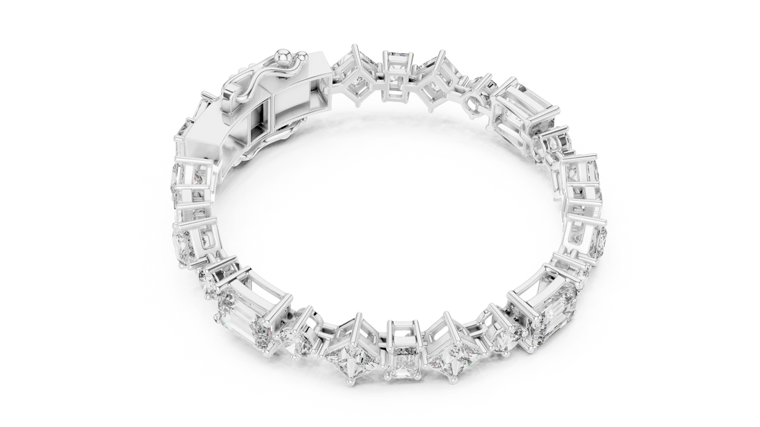 Mixed Cut Diamond Tennis Chain Bracelet with Emerald Princess and Round Diamonds