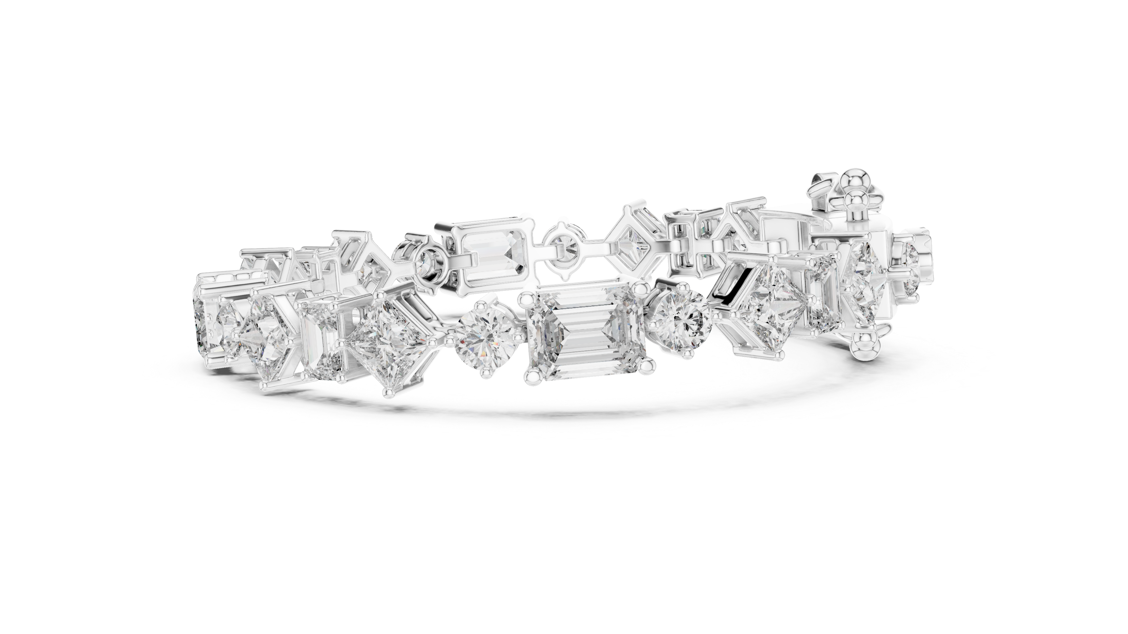 Mixed Cut Diamond Tennis Chain Bracelet with Emerald Princess and Round Diamonds