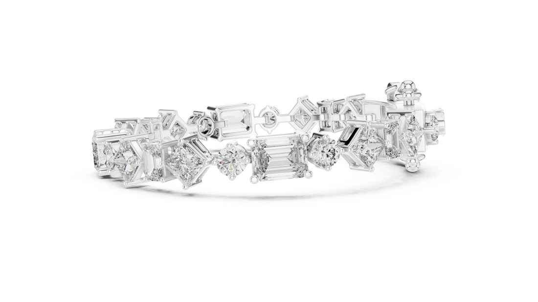 Mixed Cut Diamond Tennis Chain Bracelet with Emerald Princess and Round Diamonds