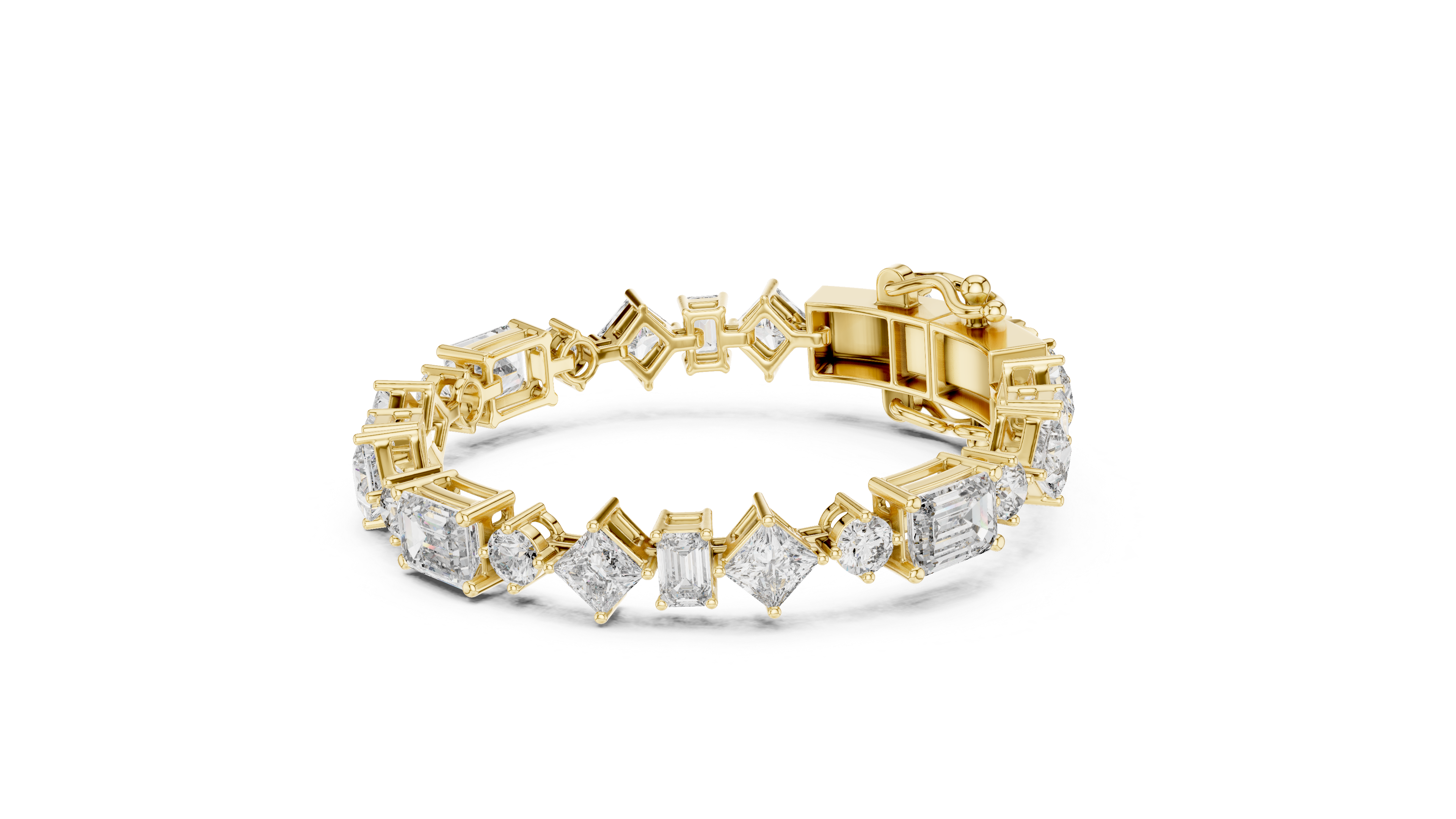 Mixed Cut Diamond Tennis Chain Bracelet with Emerald Princess and Round Diamonds