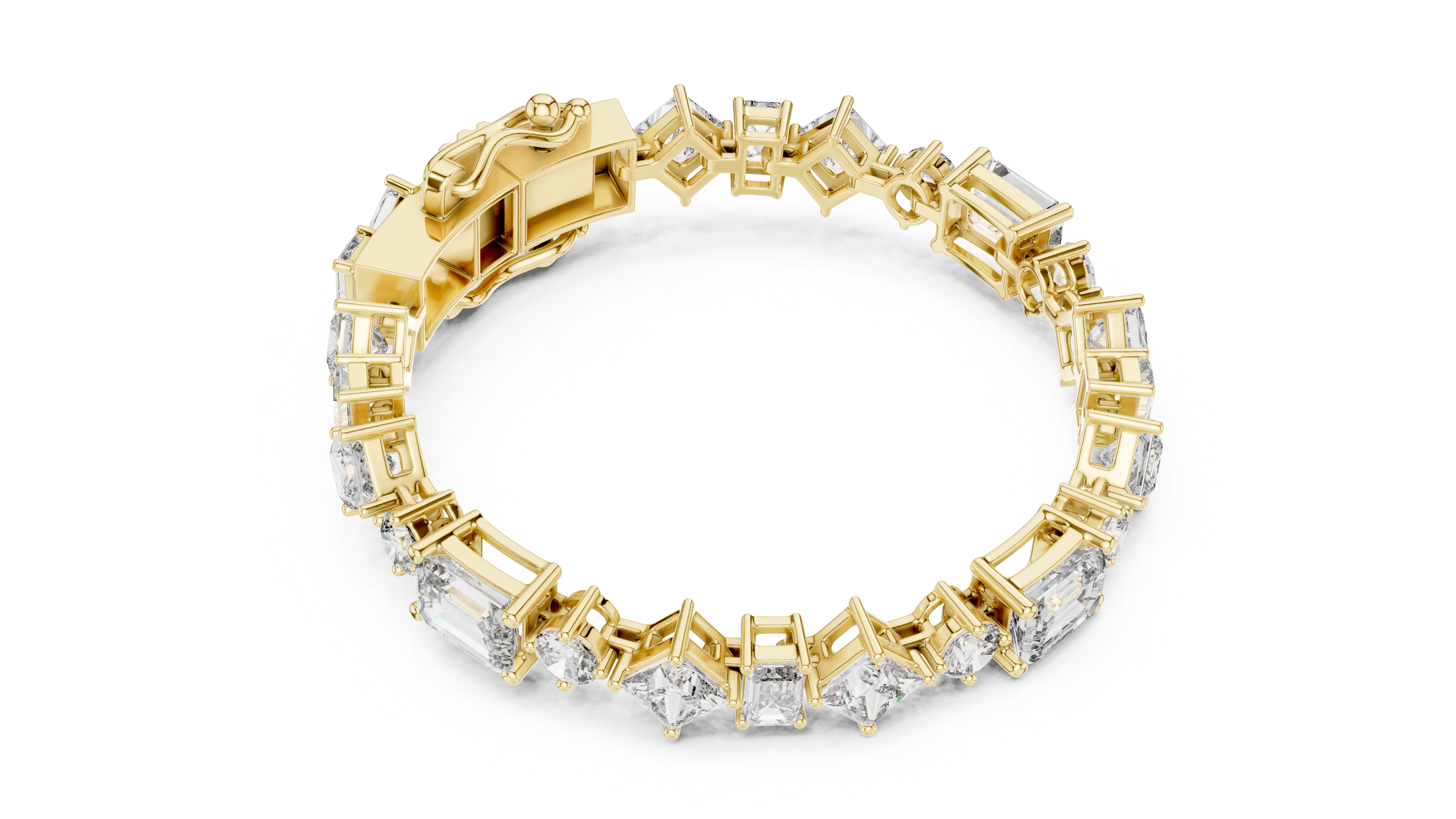 Mixed Cut Diamond Tennis Chain Bracelet with Emerald Princess and Round Diamonds