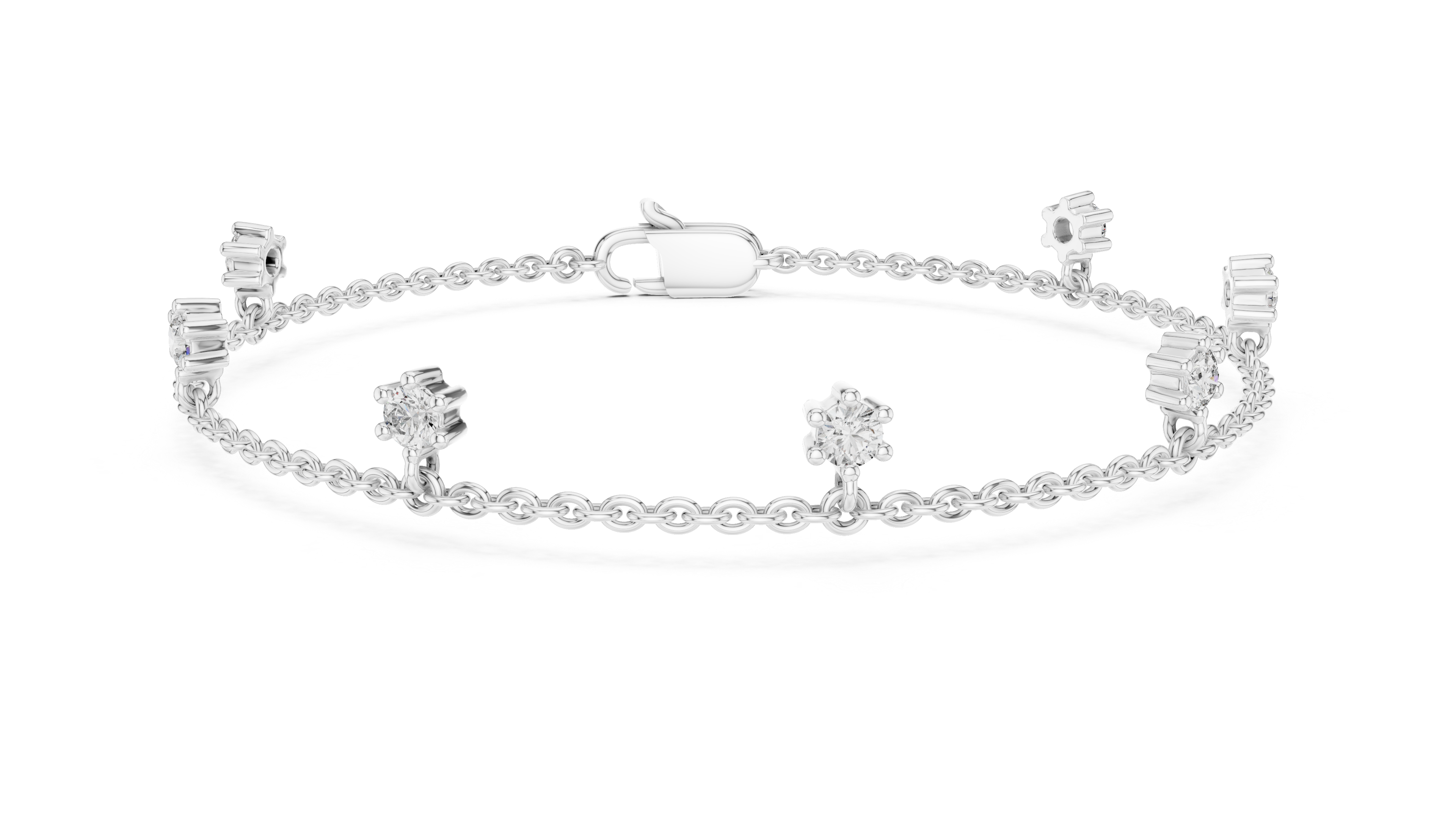 Round Brilliant Diamond Station Dangle Chain Bracelet with Collet Settings
