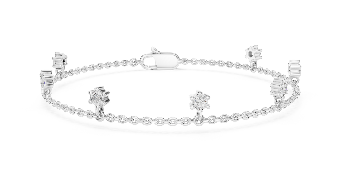 Round Brilliant Diamond Station Dangle Chain Bracelet with Collet Settings