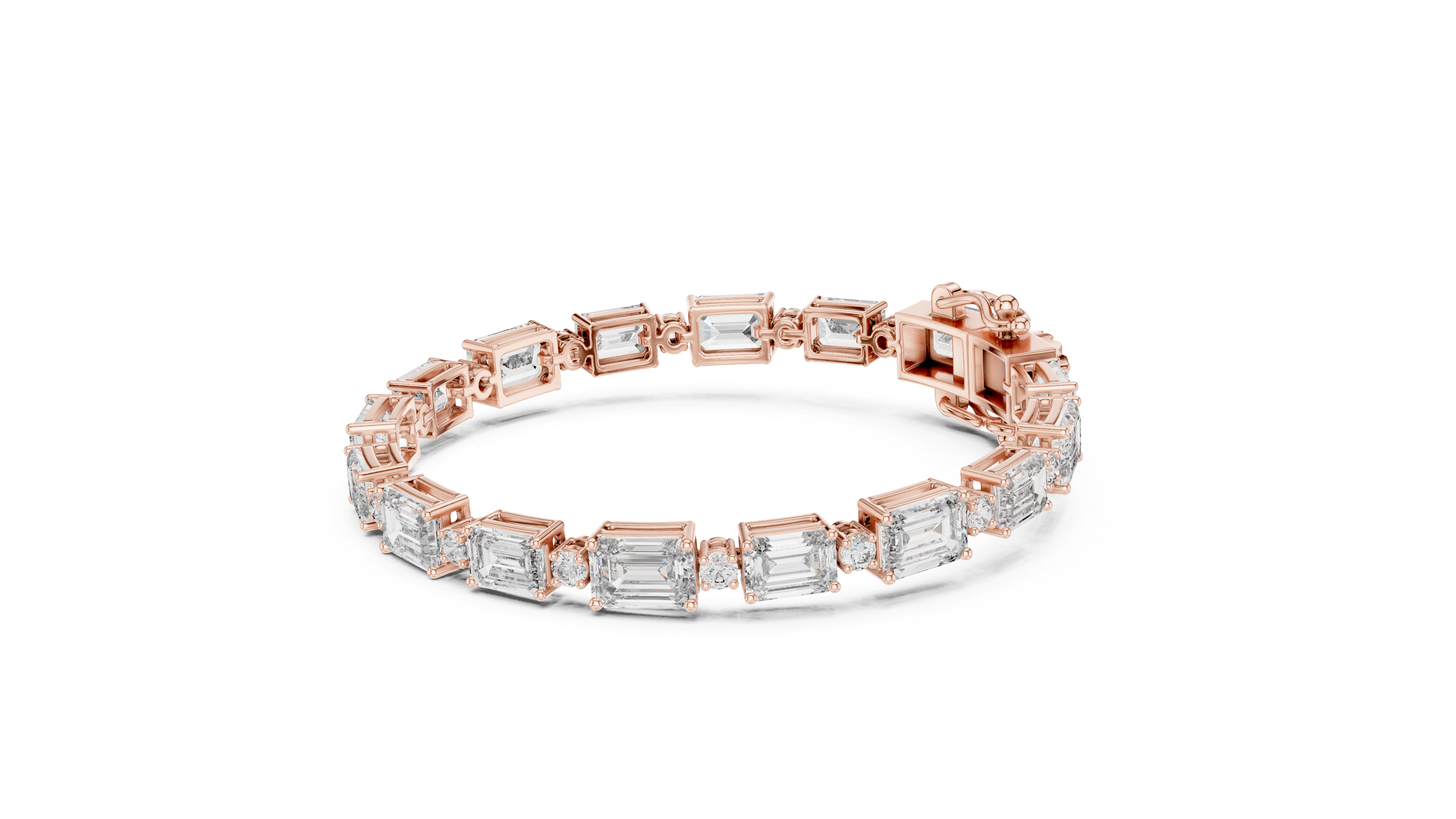 Emerald Cut Diamond Link Tennis Bracelet with Round Accent Stones