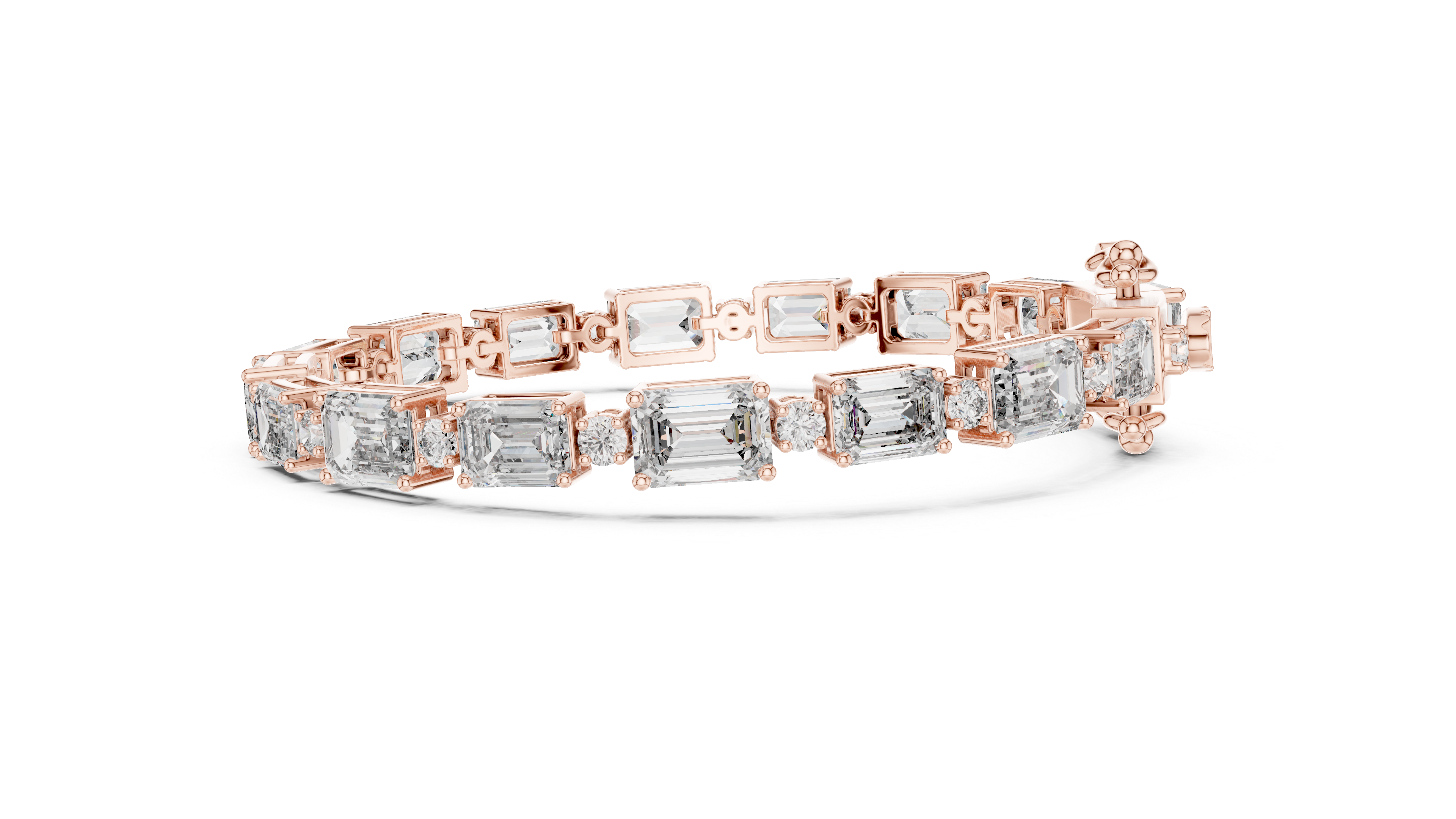Emerald Cut Diamond Link Tennis Bracelet with Round Accent Stones