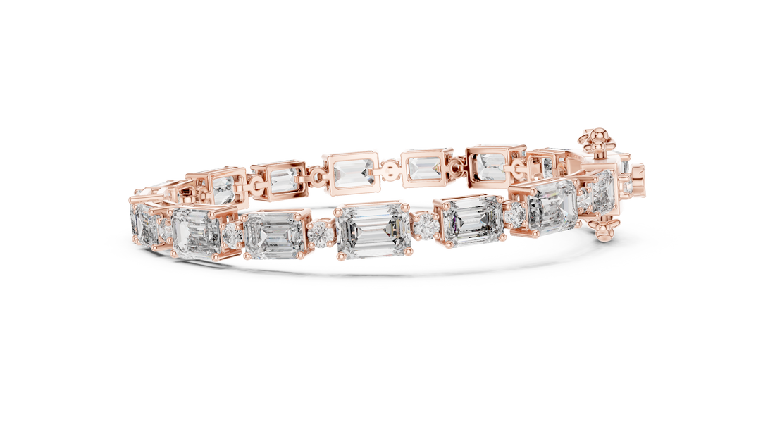 Emerald Cut Diamond Link Tennis Bracelet with Round Accent Stones