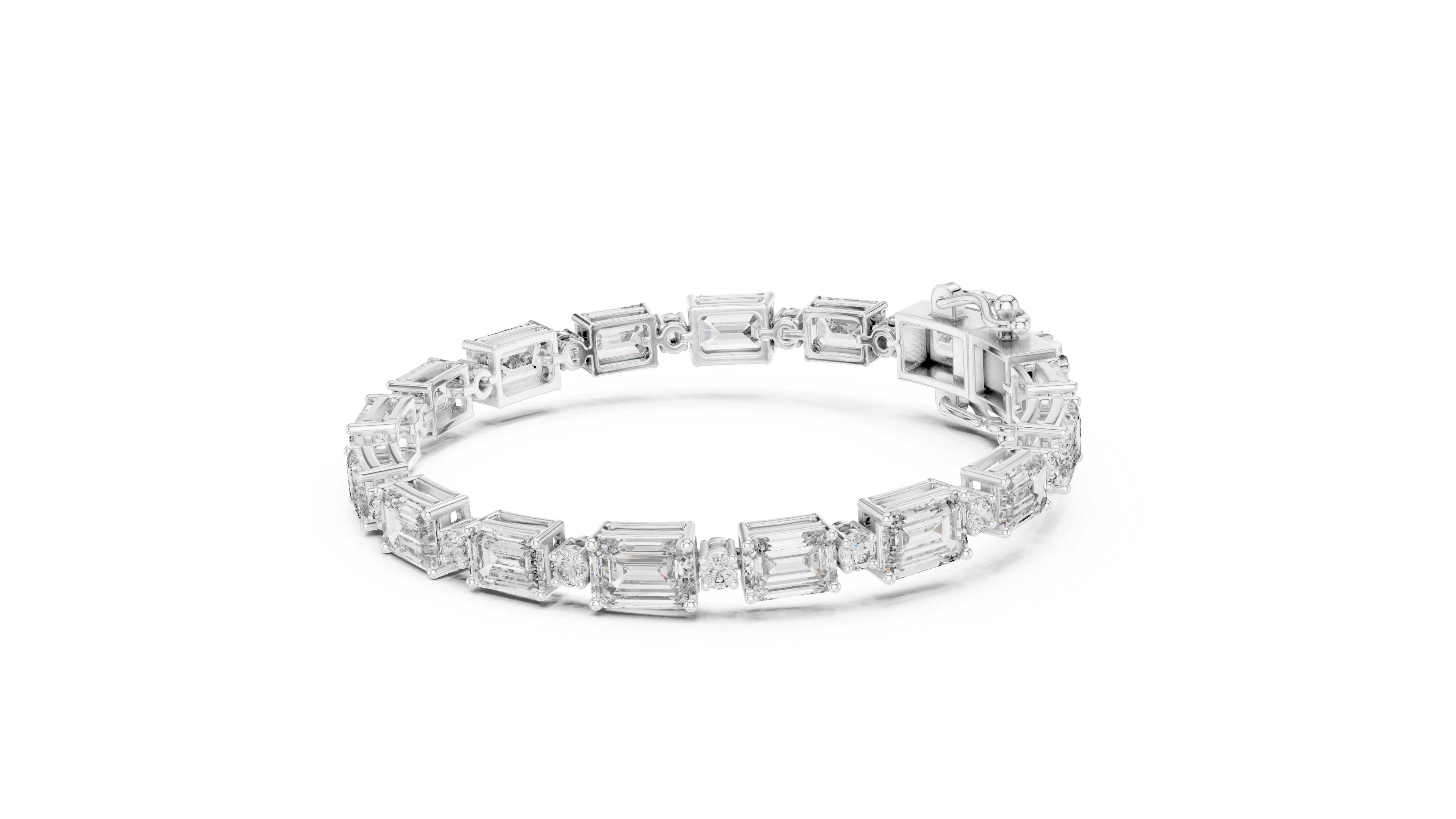 Emerald Cut Diamond Link Tennis Bracelet with Round Accent Stones