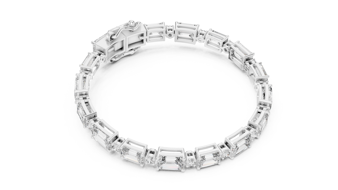 Emerald Cut Diamond Link Tennis Bracelet with Round Accent Stones