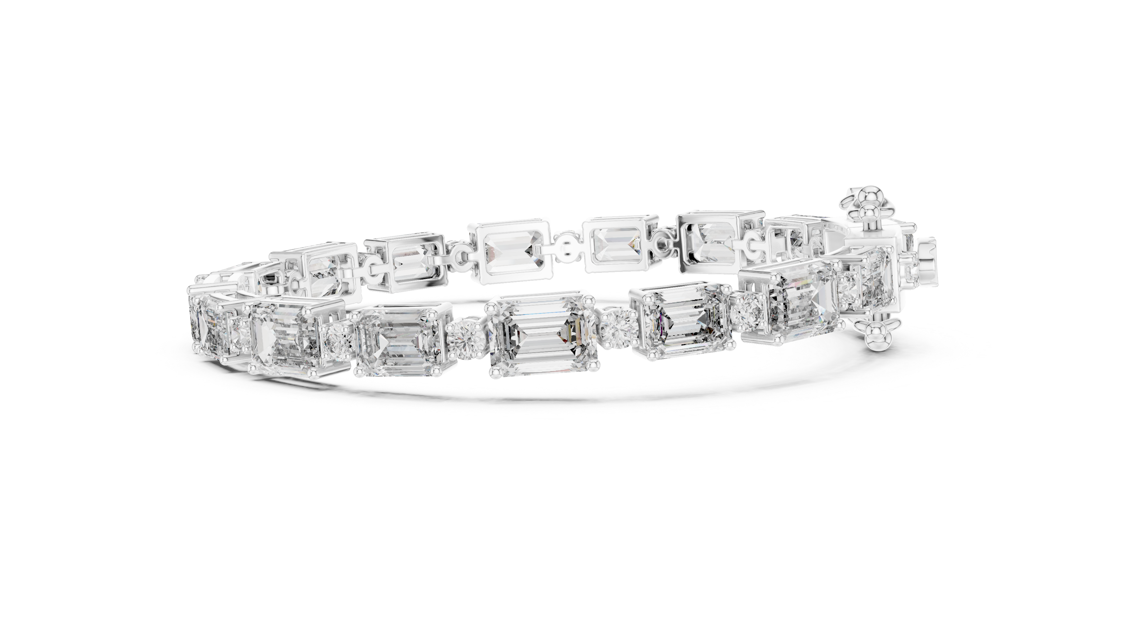 Emerald Cut Diamond Link Tennis Bracelet with Round Accent Stones