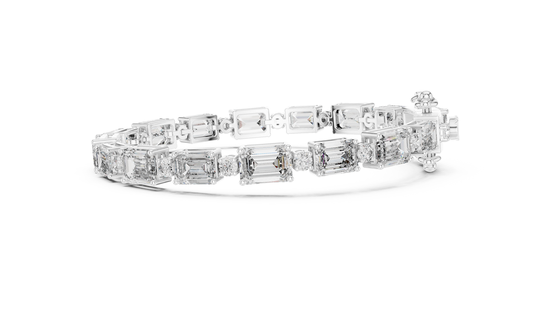 Emerald Cut Diamond Link Tennis Bracelet with Round Accent Stones
