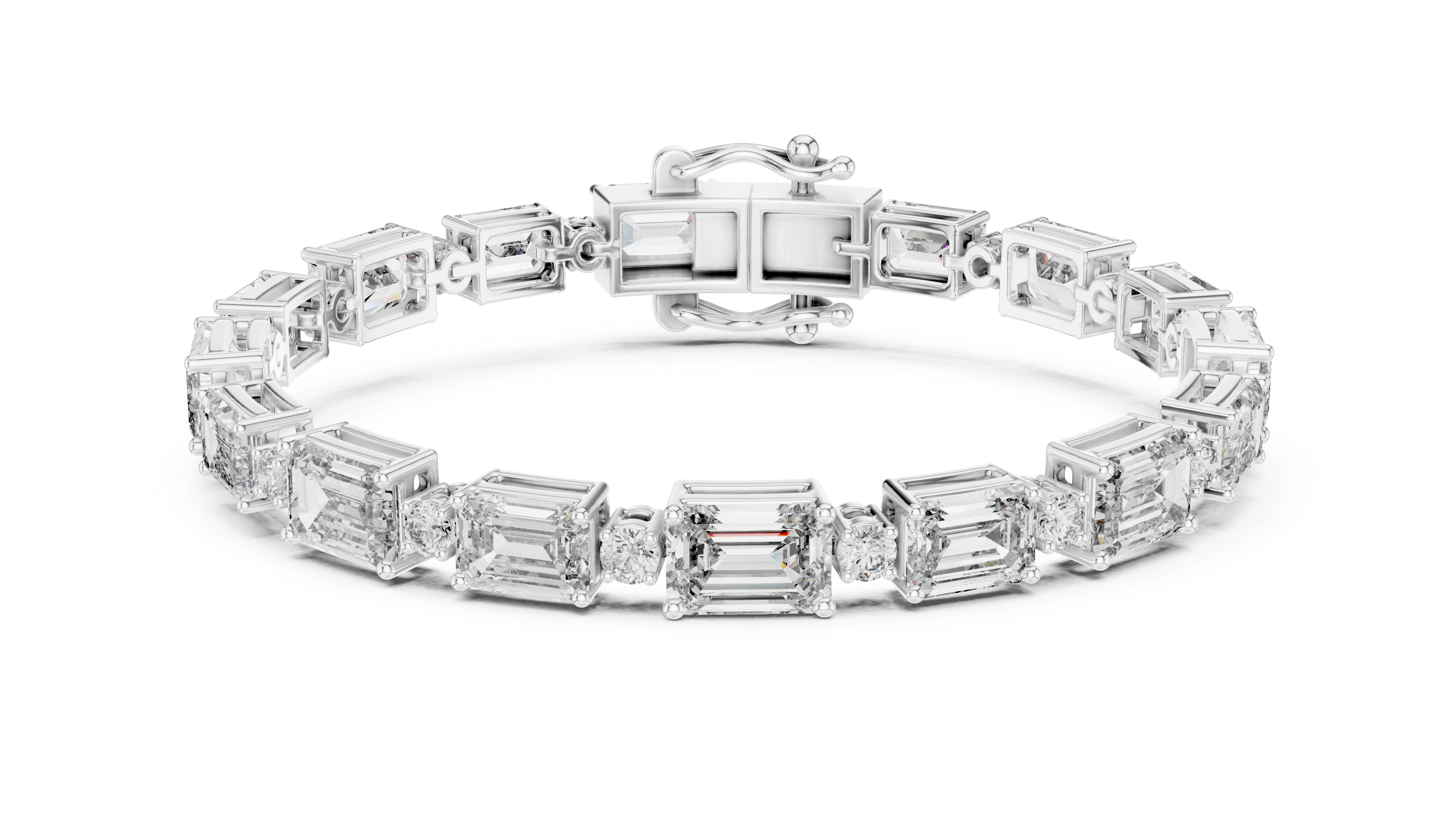 Emerald Cut Diamond Link Tennis Bracelet with Round Accent Stones
