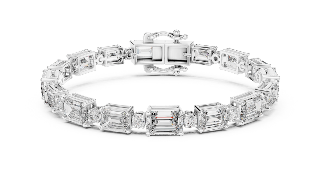 Emerald Cut Diamond Link Tennis Bracelet with Round Accent Stones