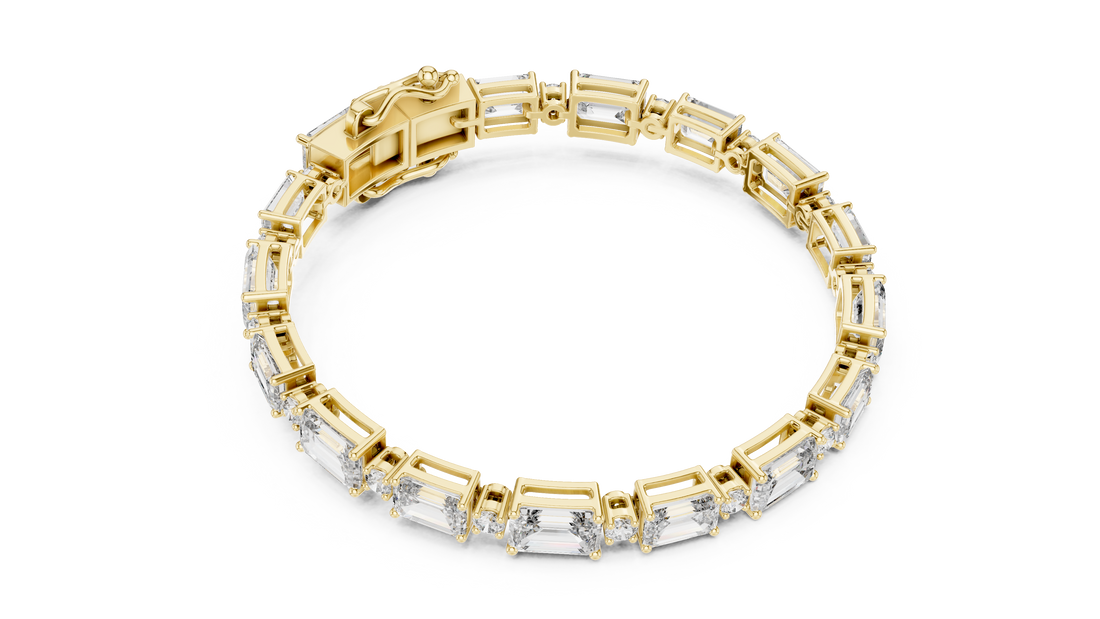 Emerald Cut Diamond Link Tennis Bracelet with Round Accent Stones