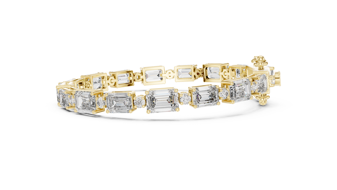 Emerald Cut Diamond Link Tennis Bracelet with Round Accent Stones