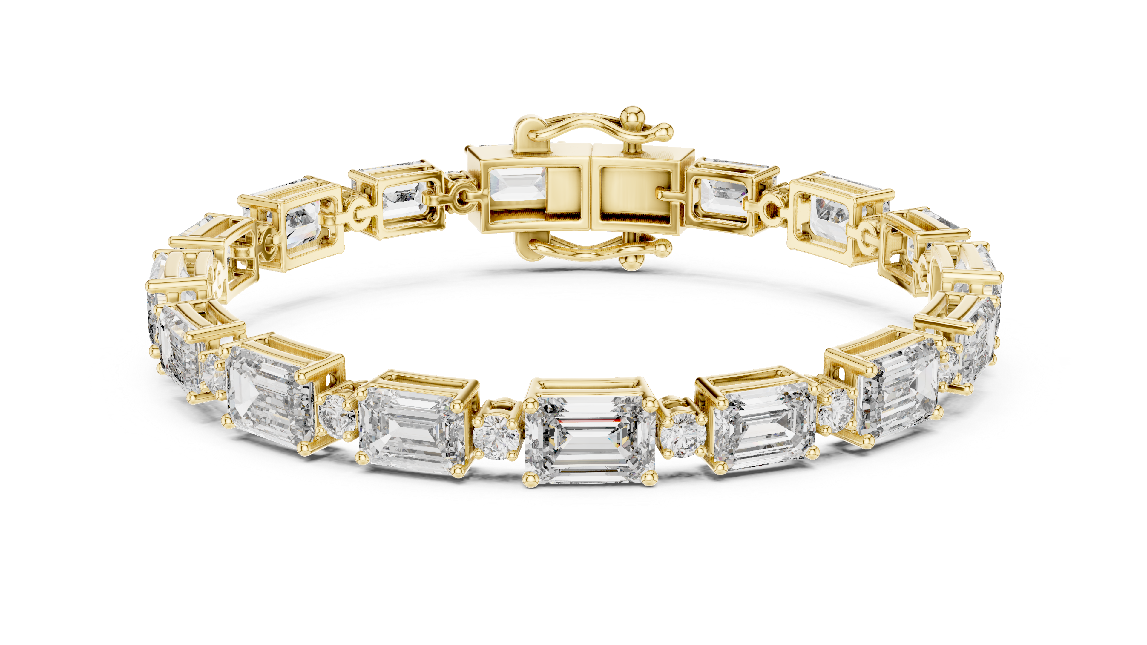 Emerald Cut Diamond Link Tennis Bracelet with Round Accent Stones