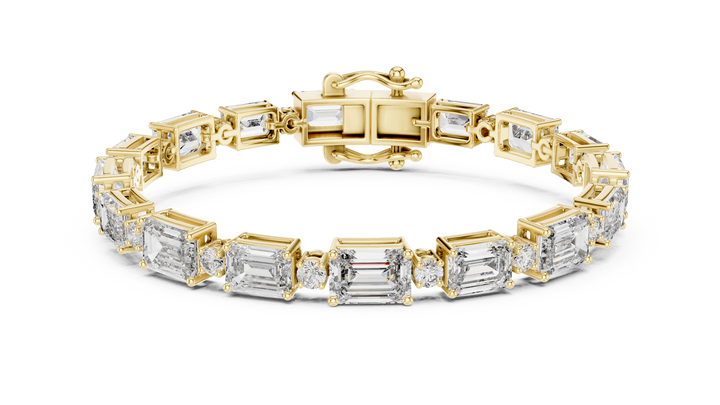 Emerald Cut Diamond Link Tennis Bracelet with Round Accent Stones