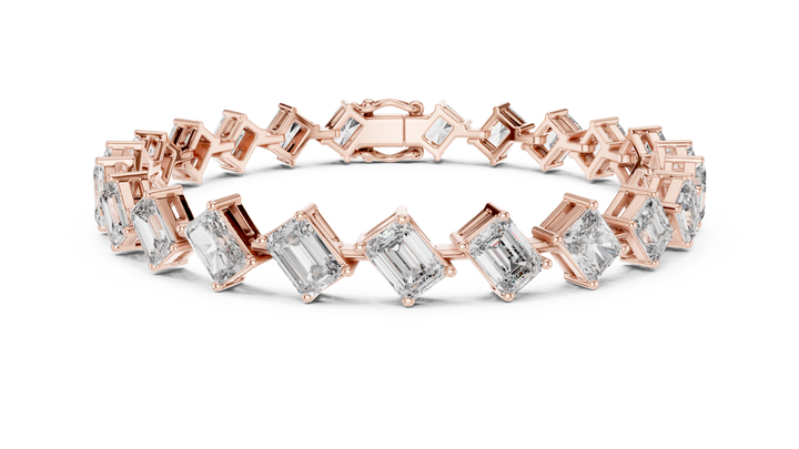 Radiant and Emerald Cut Diamond Tennis Bracelet with Alternating Geometric Link Design