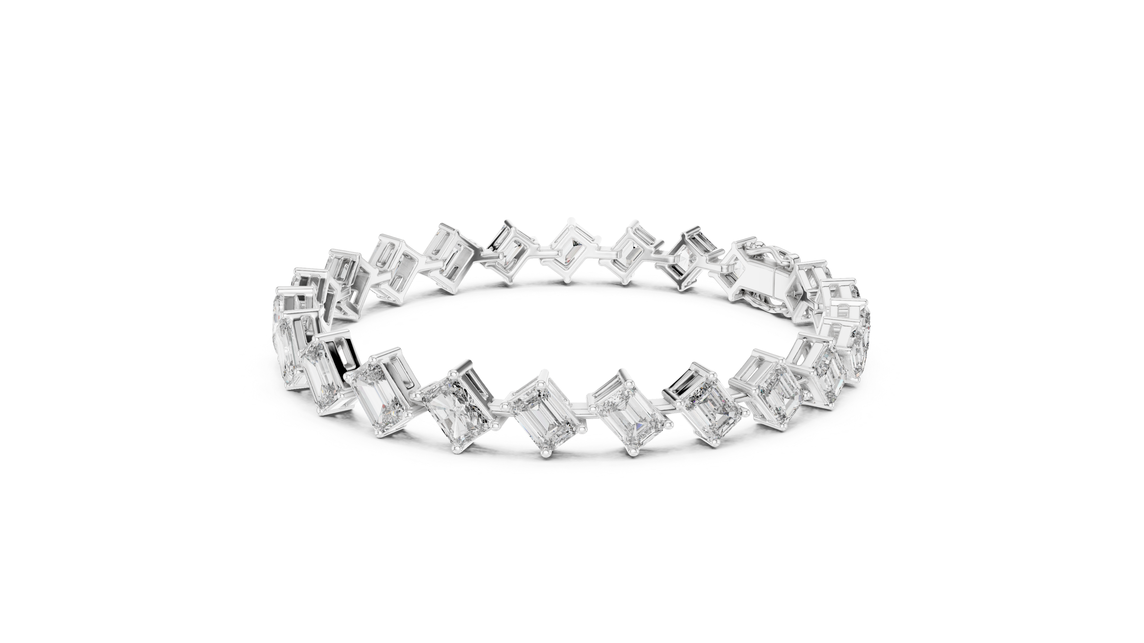 Radiant and Emerald Cut Diamond Tennis Bracelet with Alternating Geometric Link Design