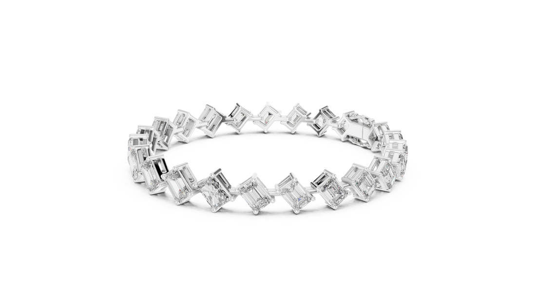 Radiant and Emerald Cut Diamond Tennis Bracelet with Alternating Geometric Link Design