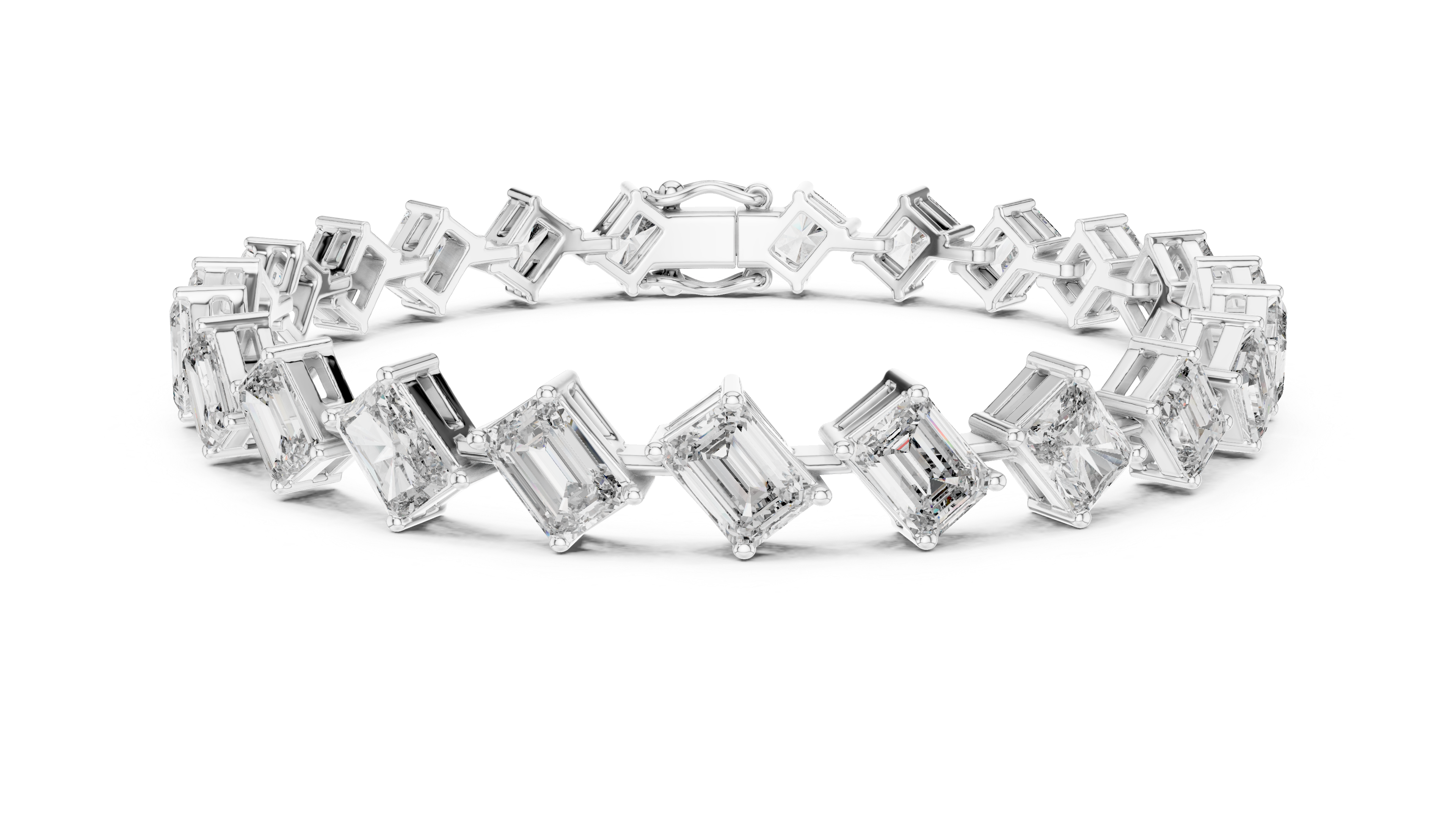 Radiant and Emerald Cut Diamond Tennis Bracelet with Alternating Geometric Link Design