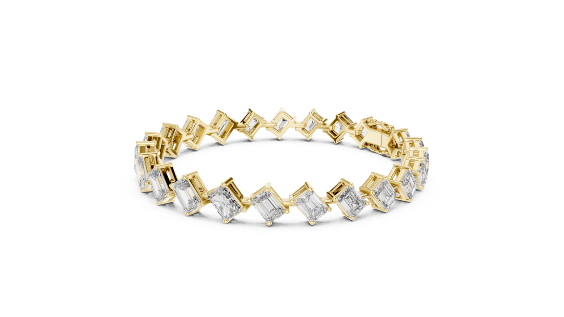 Radiant and Emerald Cut Diamond Tennis Bracelet with Alternating Geometric Link Design