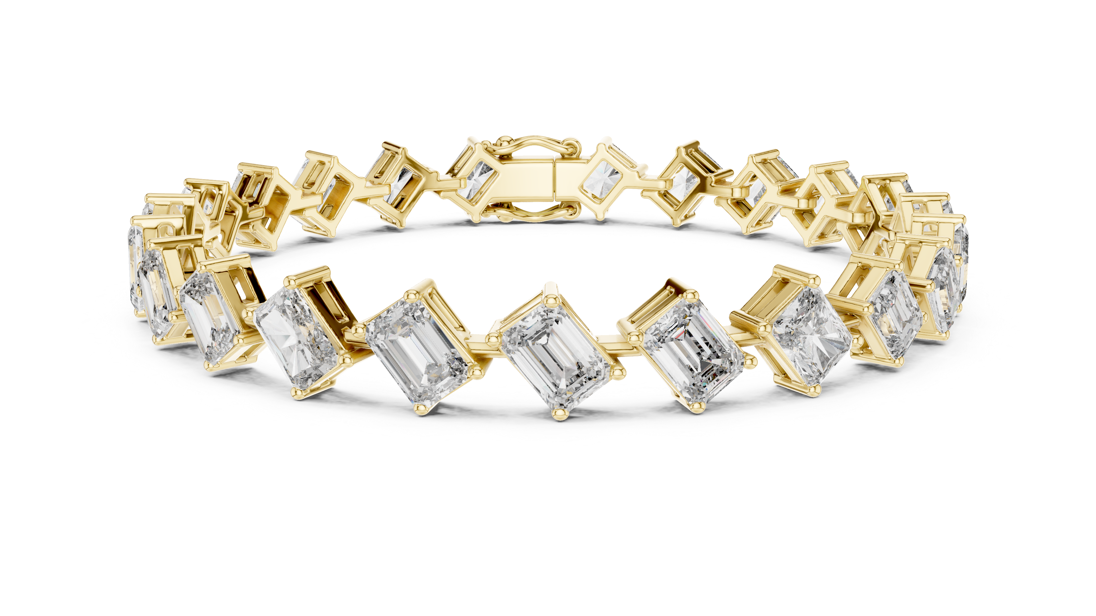 Radiant and Emerald Cut Diamond Tennis Bracelet with Alternating Geometric Link Design