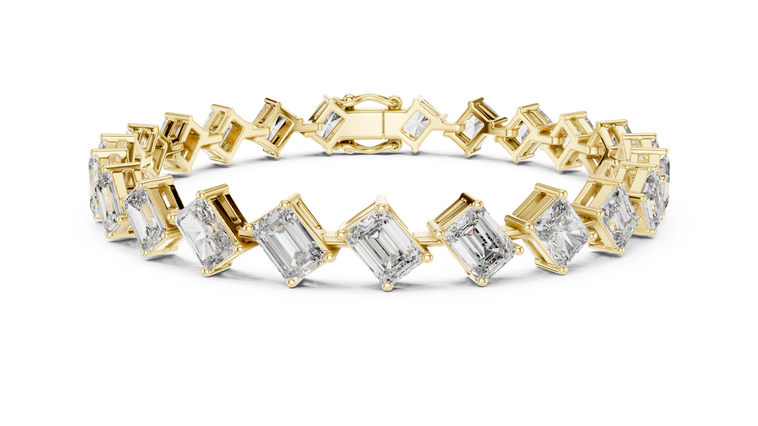 Radiant and Emerald Cut Diamond Tennis Bracelet with Alternating Geometric Link Design