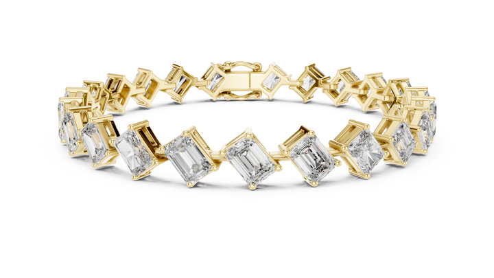 Radiant and Emerald Cut Diamond Tennis Bracelet with Alternating Geometric Link Design