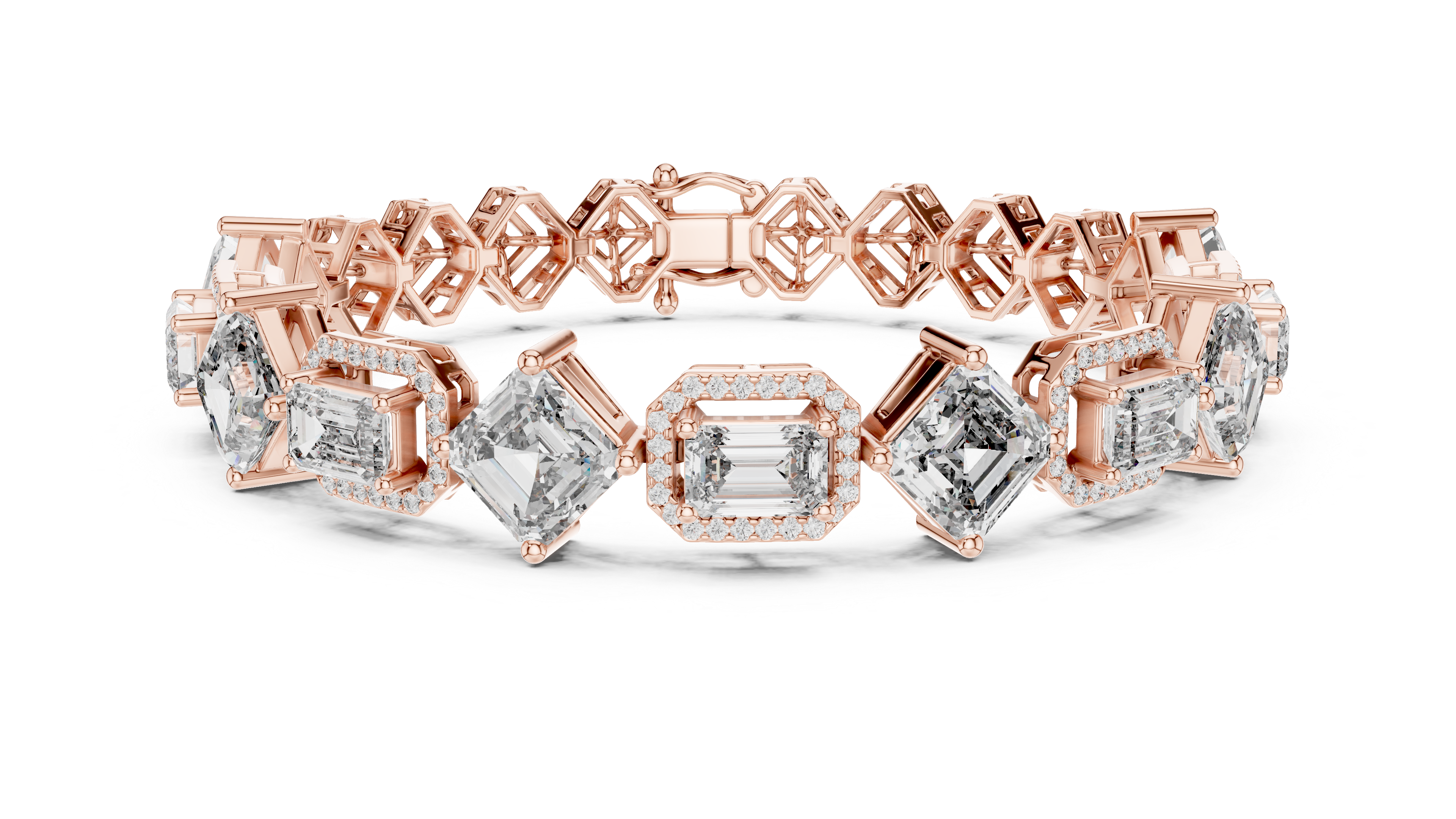 Emerald Cut Diamond Halo Link Tennis Bracelet with Micro Pavé Accents