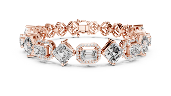 Emerald Cut Diamond Halo Link Tennis Bracelet with Micro Pavé Accents