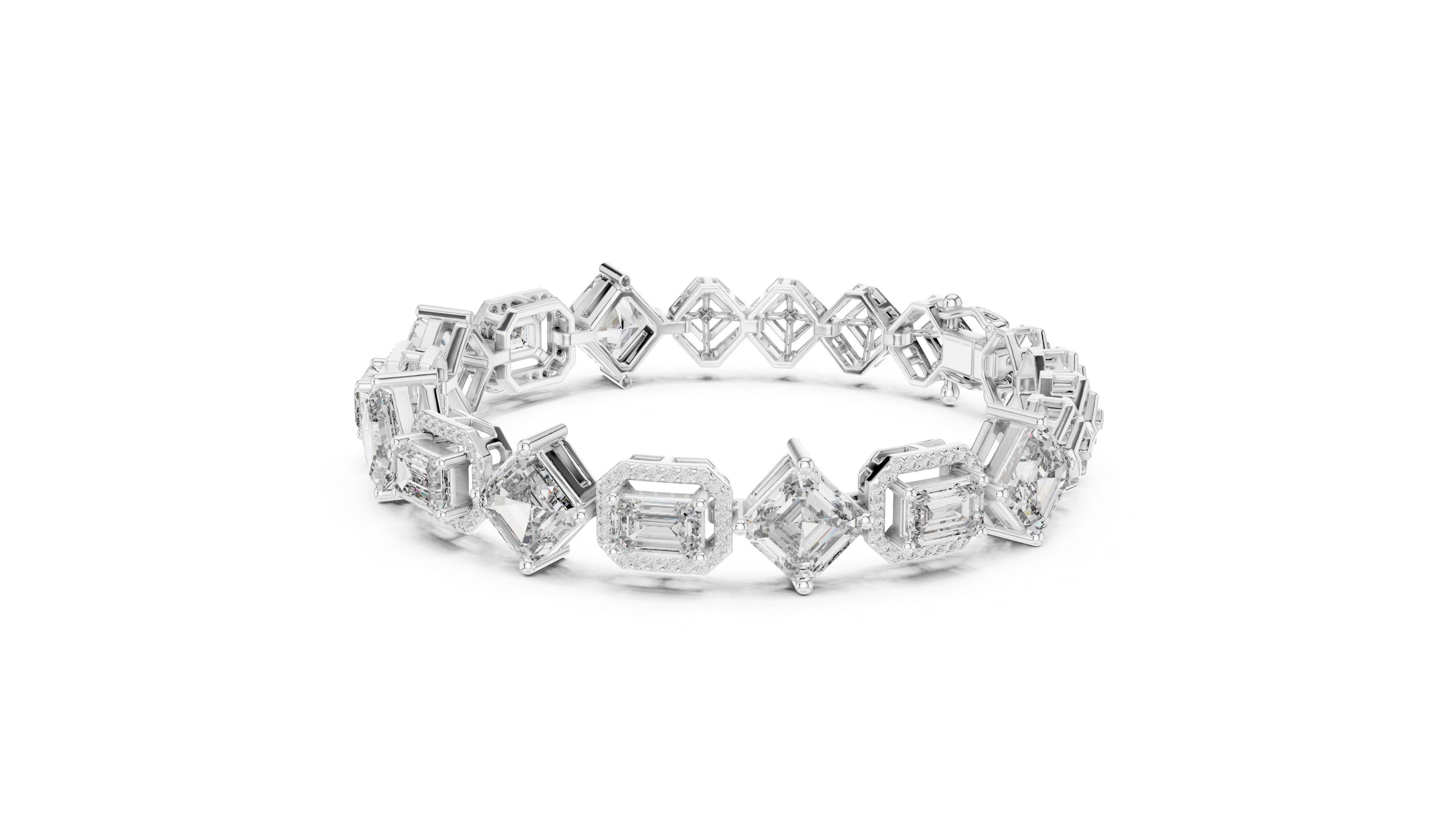Emerald Cut Diamond Halo Link Tennis Bracelet with Micro Pavé Accents