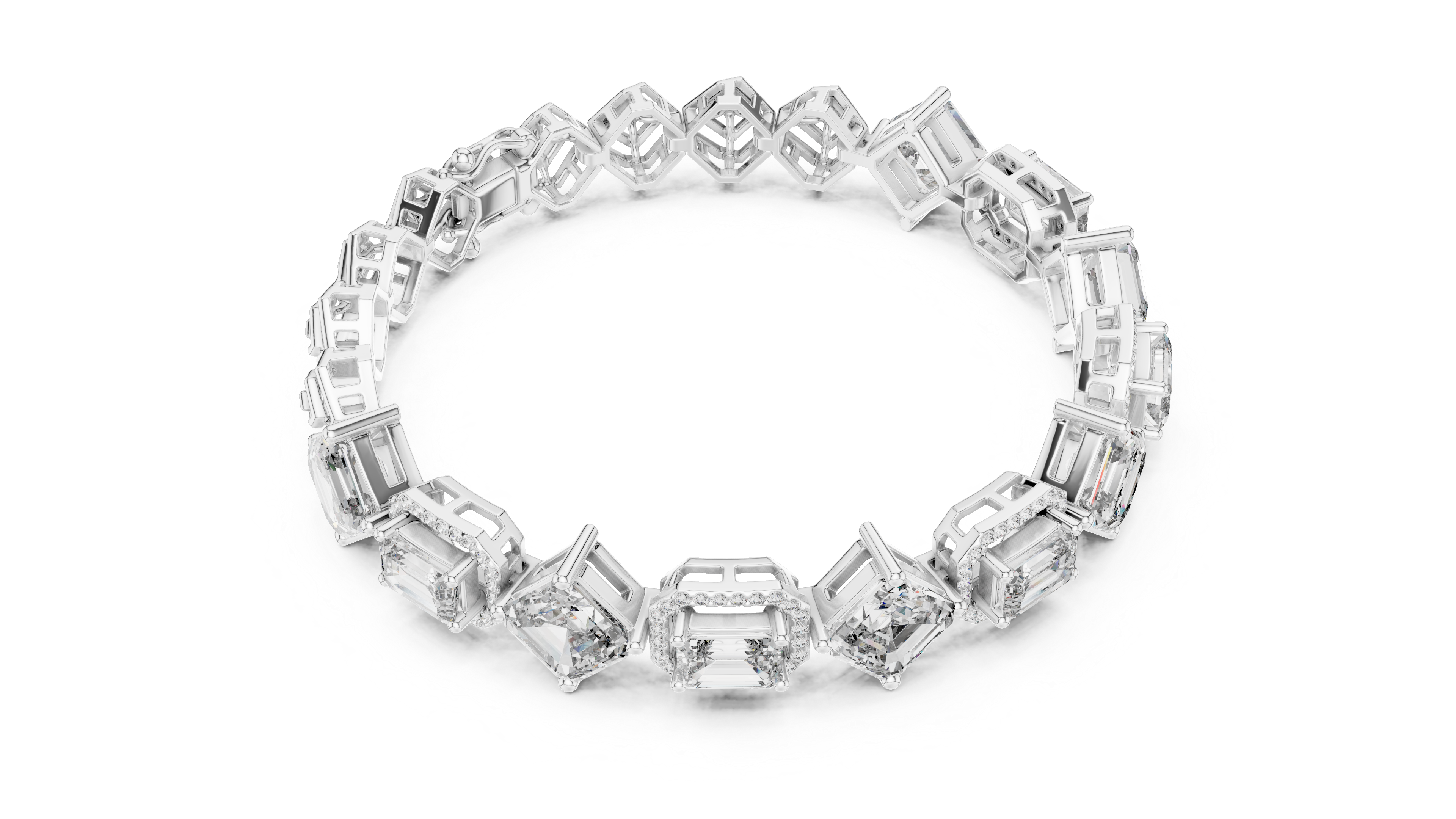 Emerald Cut Diamond Halo Link Tennis Bracelet with Micro Pavé Accents