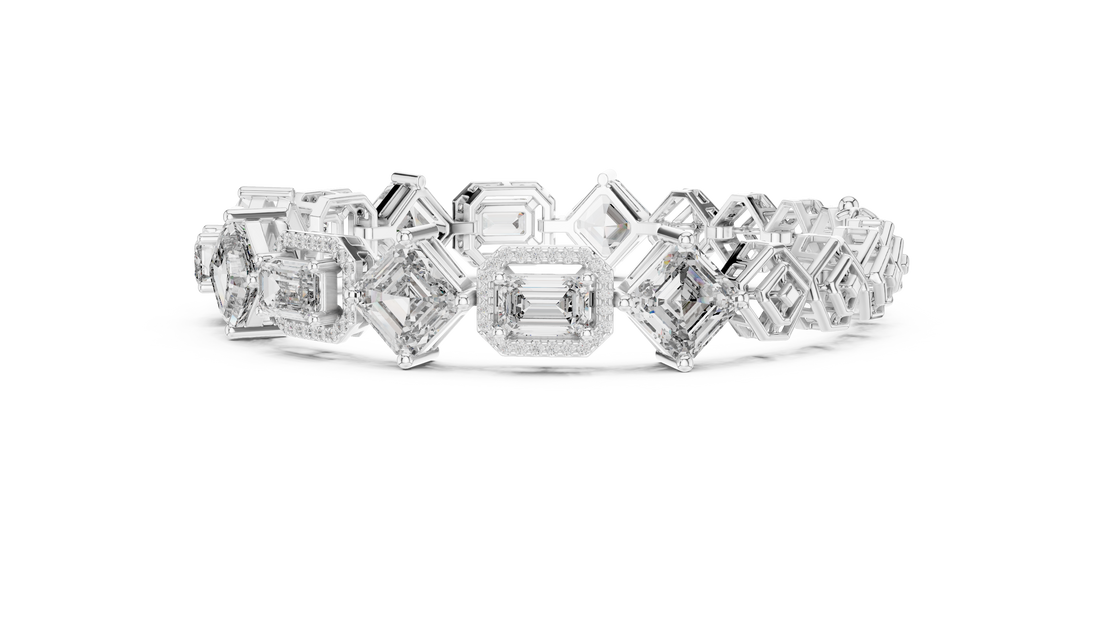 Emerald Cut Diamond Halo Link Tennis Bracelet with Micro Pavé Accents