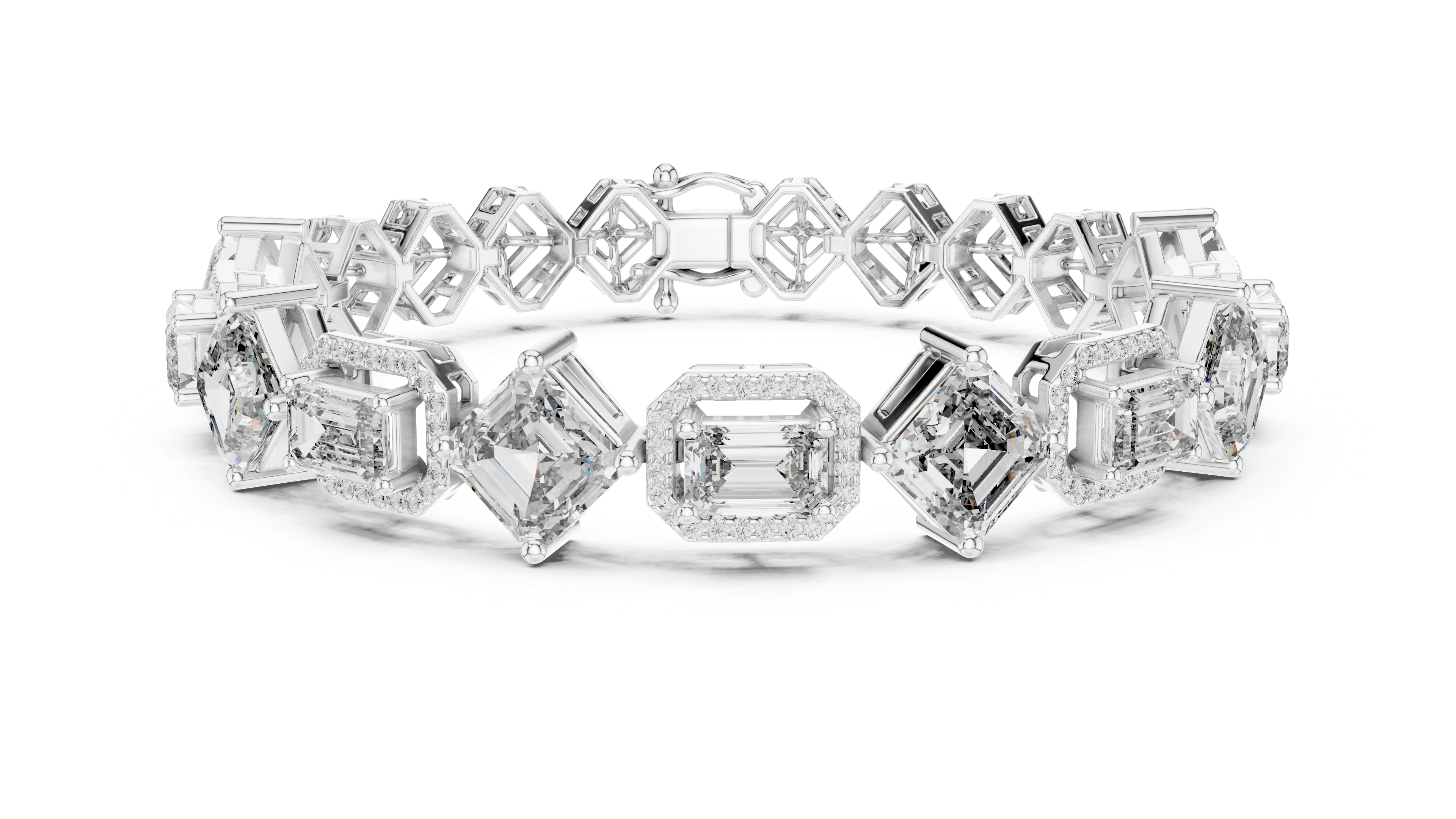 Emerald Cut Diamond Halo Link Tennis Bracelet with Micro Pavé Accents