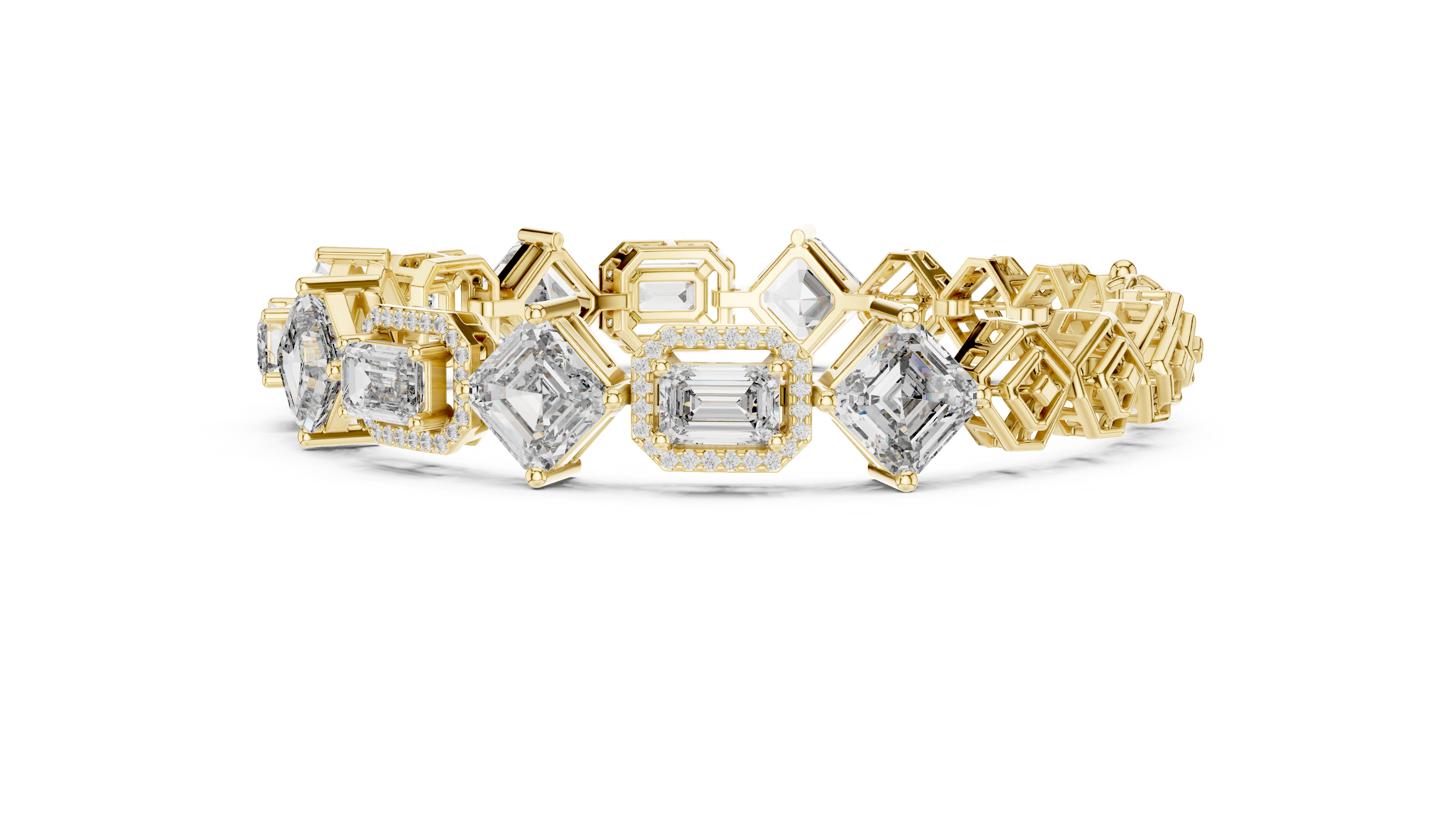 Emerald Cut Diamond Halo Link Tennis Bracelet with Micro Pavé Accents