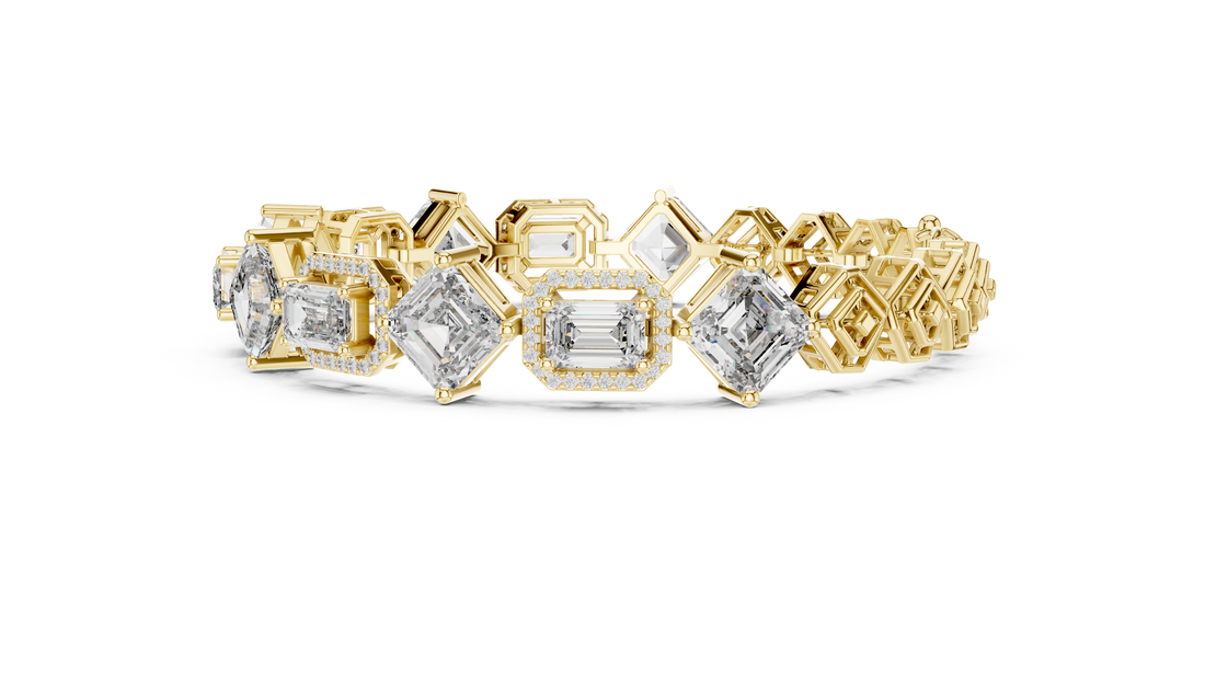 Emerald Cut Diamond Halo Link Tennis Bracelet with Micro Pavé Accents