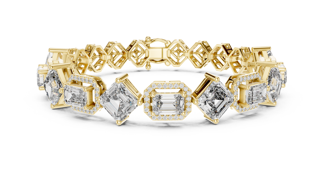 Emerald Cut Diamond Halo Link Tennis Bracelet with Micro Pavé Accents