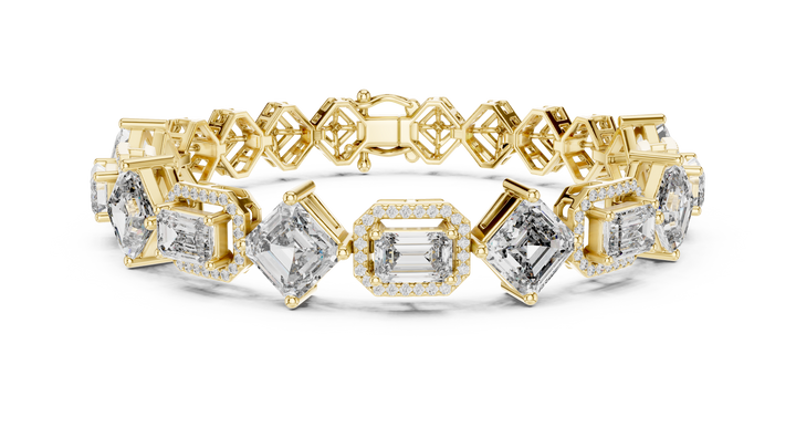 Emerald Cut Diamond Halo Link Tennis Bracelet with Micro Pavé Accents