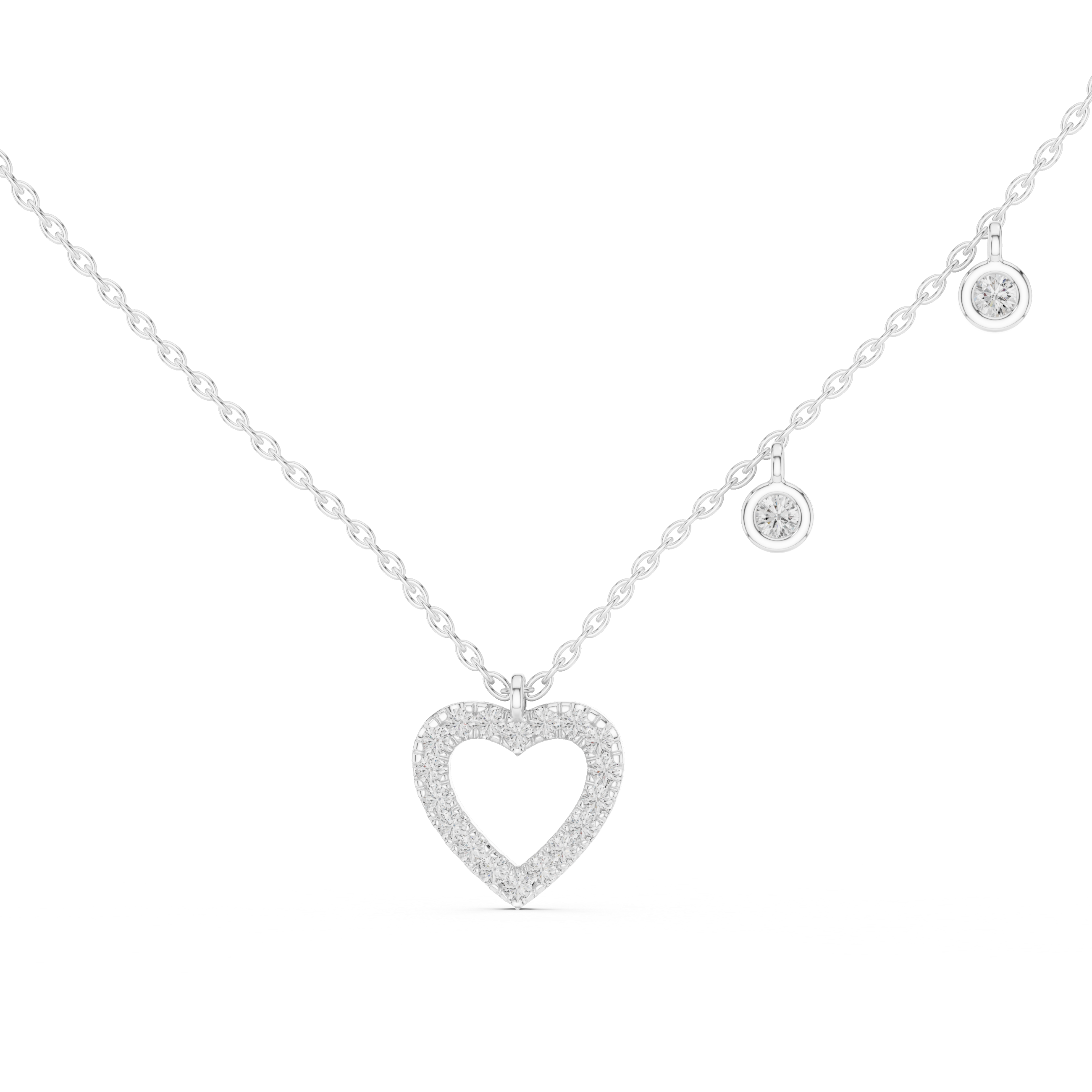 Round Cut Diamond Heart Halo Pendant Station Chain Necklace