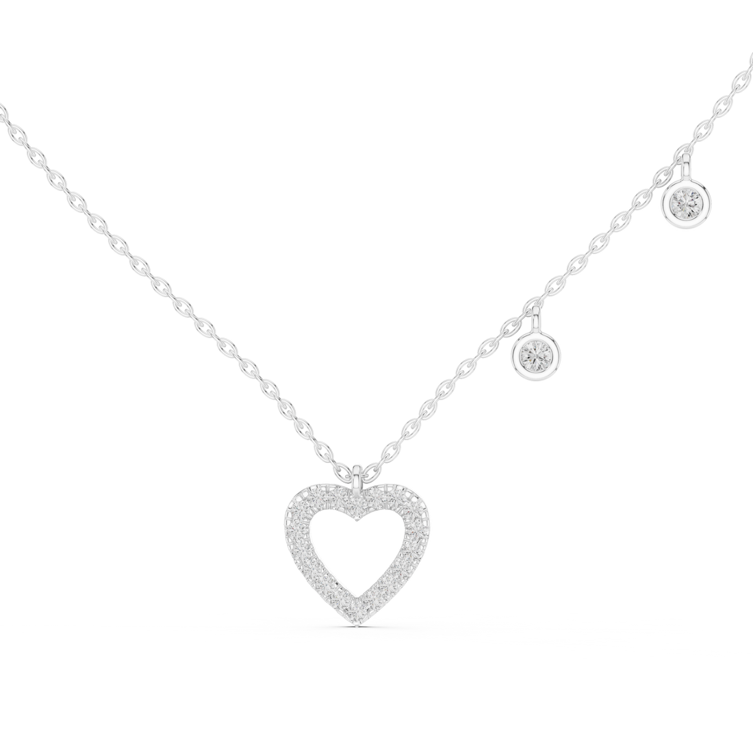 Round Cut Diamond Heart Halo Pendant Station Chain Necklace