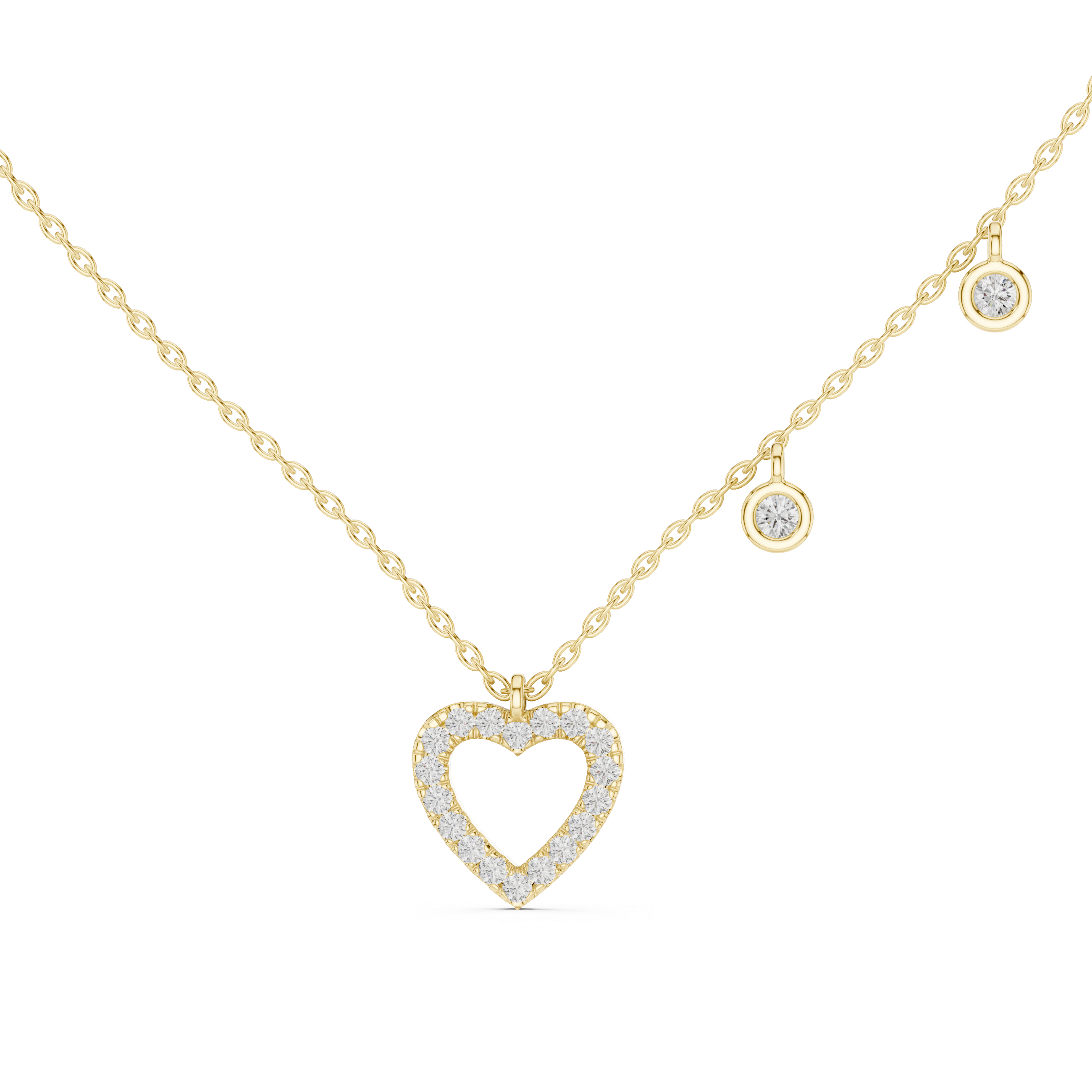 Round Cut Diamond Heart Halo Pendant Station Chain Necklace
