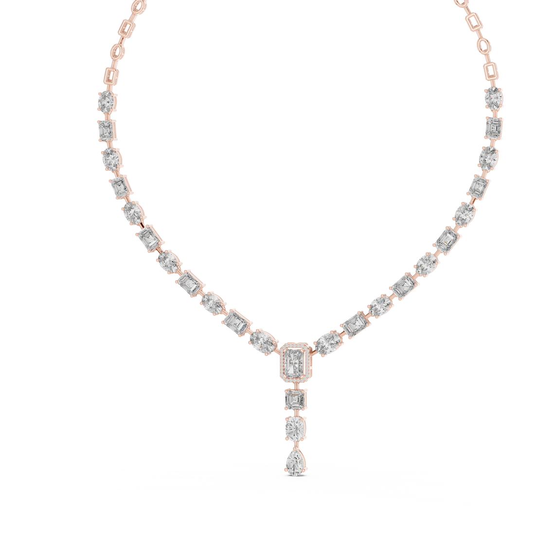 Mixed Cut Diamond Link Chain Necklace with Emerald Cut Drop Pendant