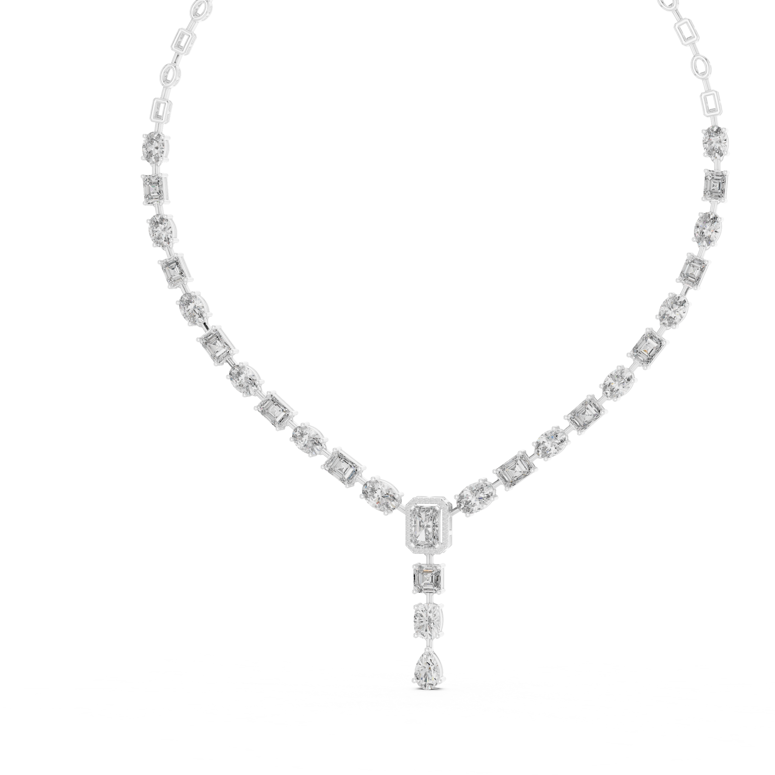 Mixed Cut Diamond Link Chain Necklace with Emerald Cut Drop Pendant